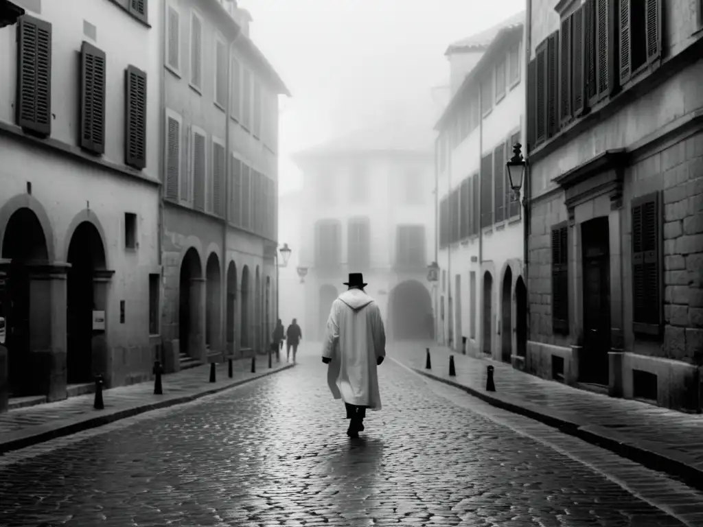 Una misteriosa Dama Blanca camina por una antigua calle empedrada de Montpellier, añadiendo un toque etéreo y misterioso al escenario