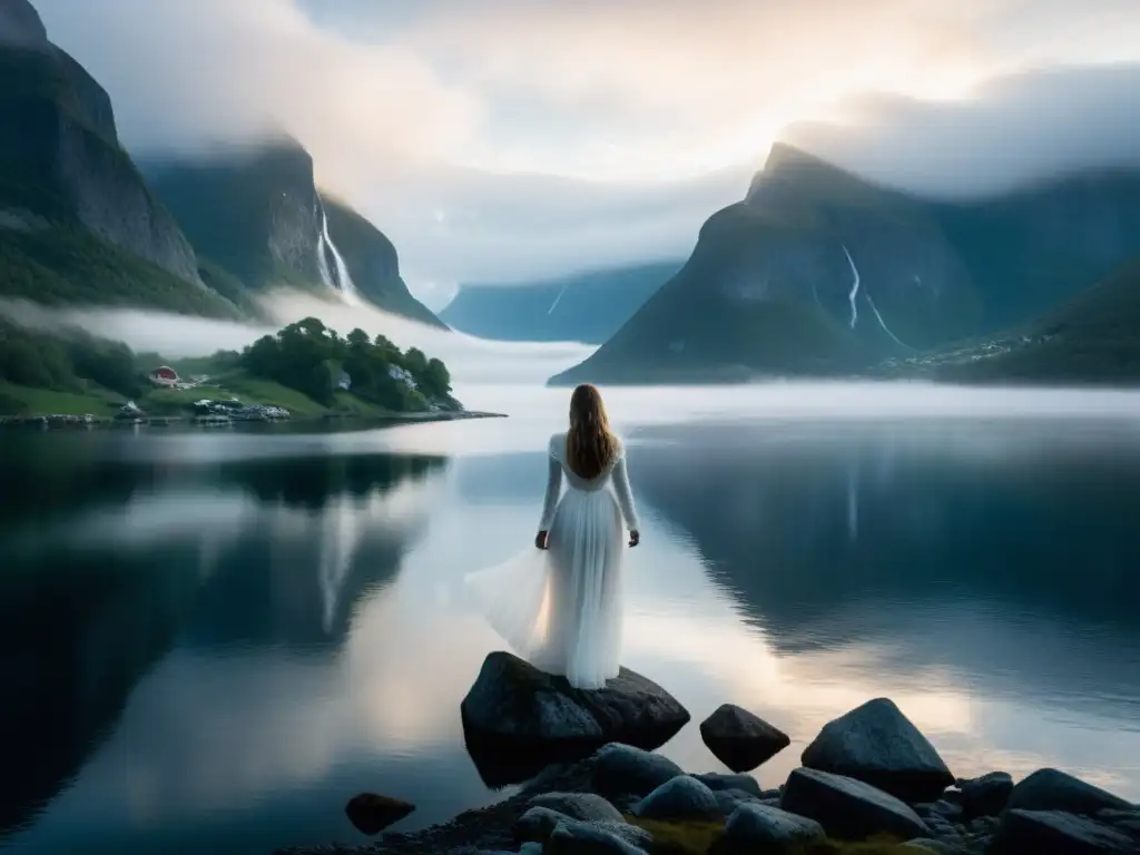 Una misteriosa dama blanca en un fiordo de Noruega, su figura etérea se funde con la niebla, evocando un aura de misterio