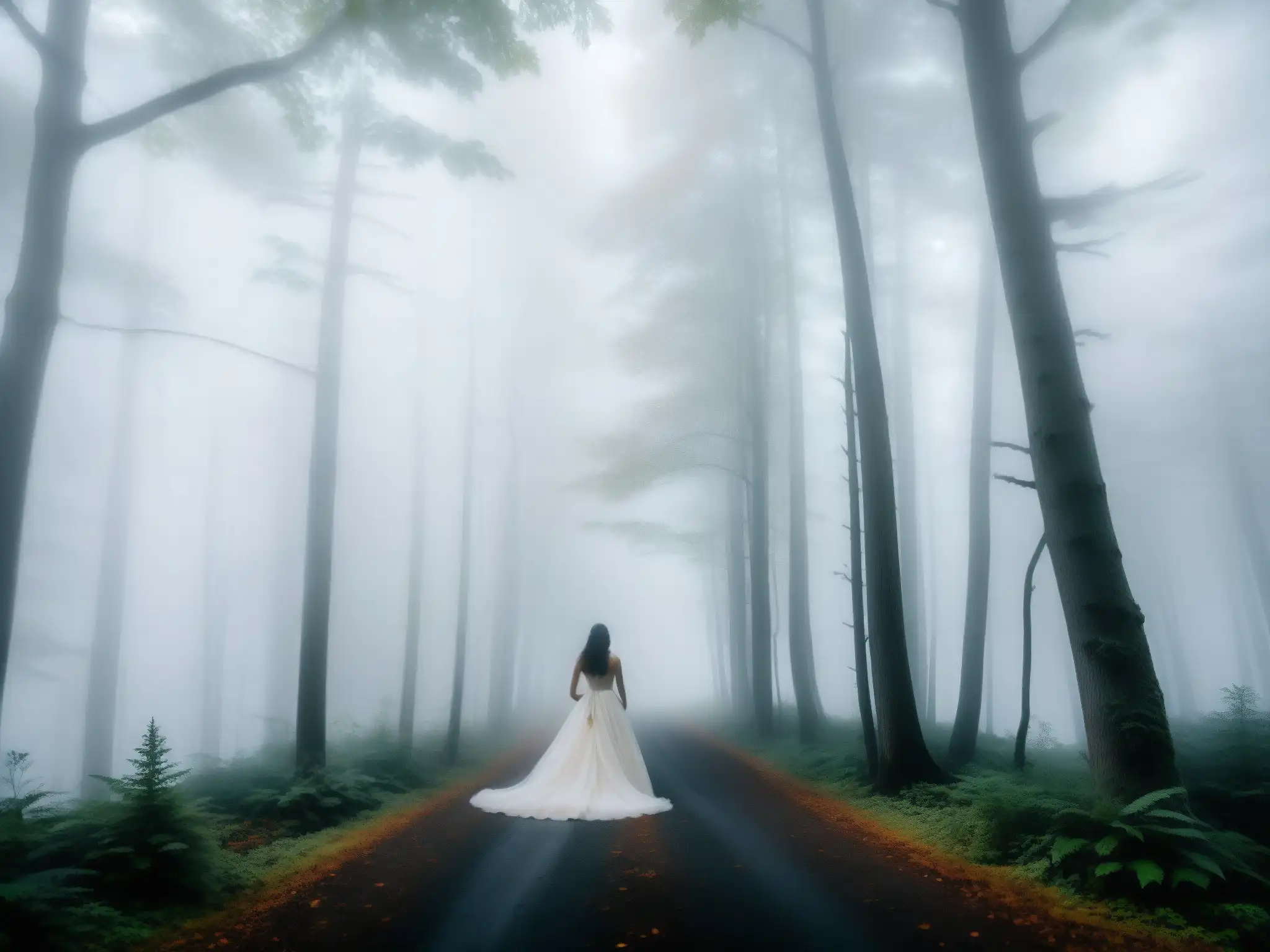 Una misteriosa dama de blanco entre los árboles en un sendero neblinoso en Quebec, Canadá