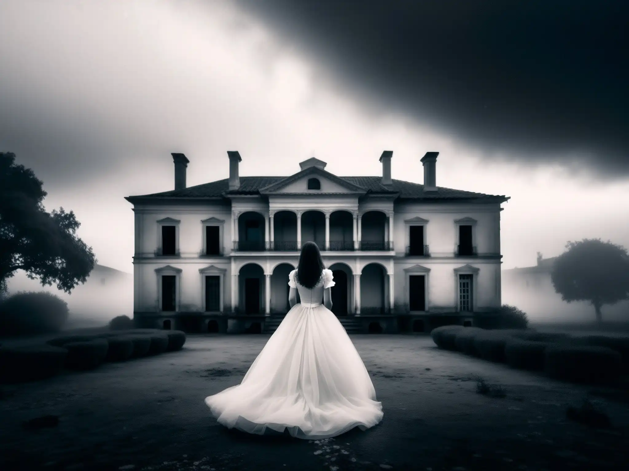 La misteriosa Dama de Blanco se alza en la neblina frente a la mansión abandonada, evocando el mito urbano con un aire de intriga