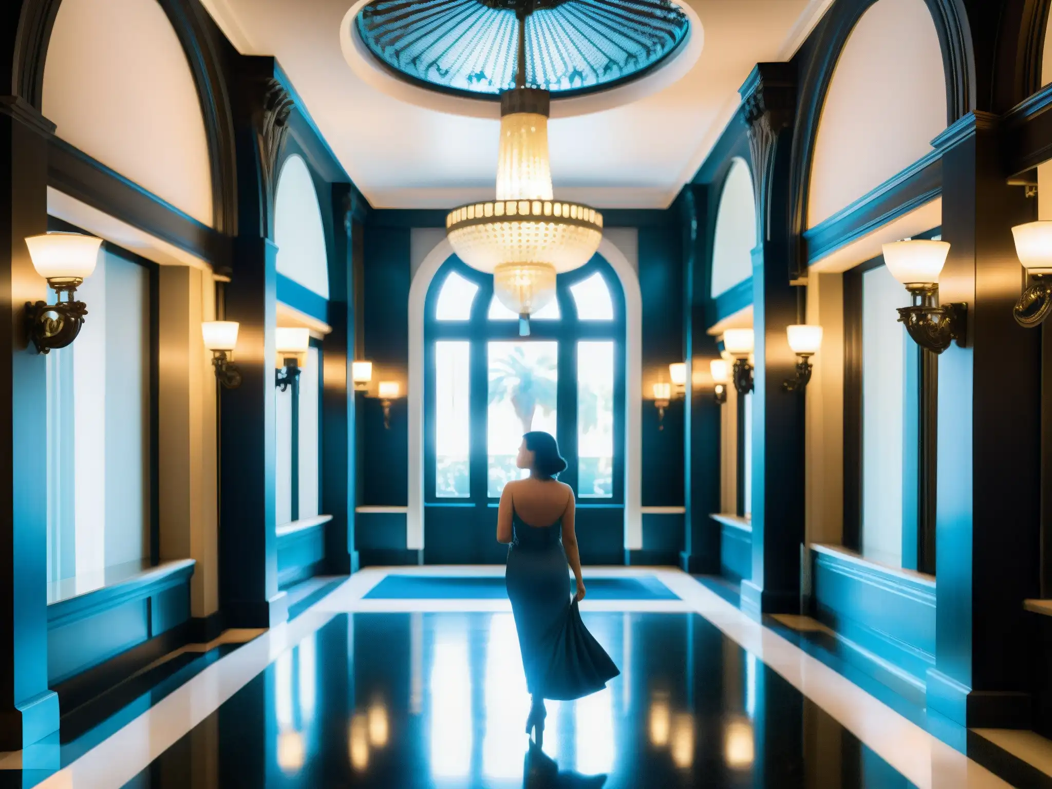 Una misteriosa dama de azul en el elegante Hotel Hollywood Roosevelt, evocando un aura de misterio y elegancia atemporal