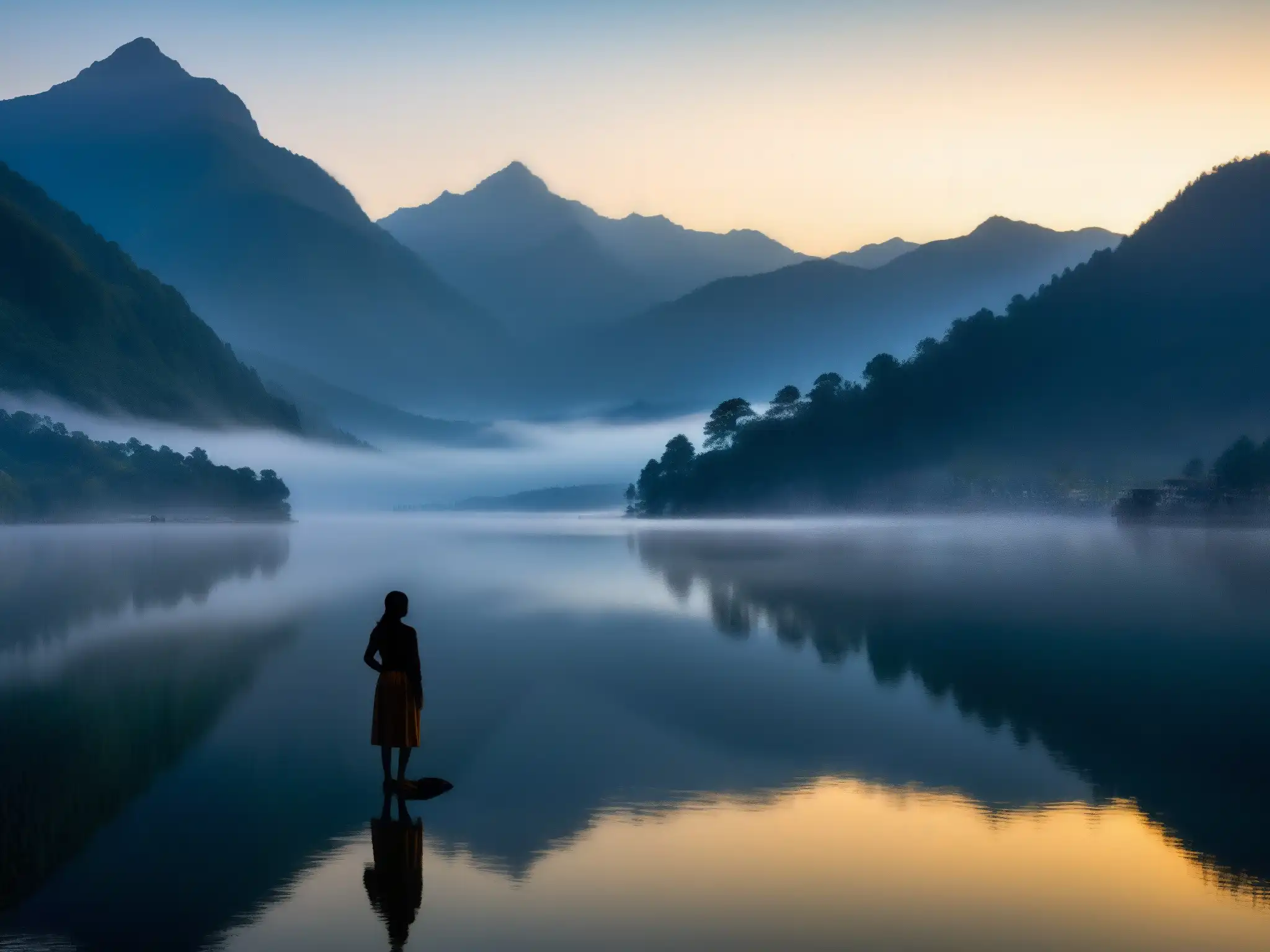 Misteriosa dama del lago Nainital, rodeada de niebla y misterio al amanecer