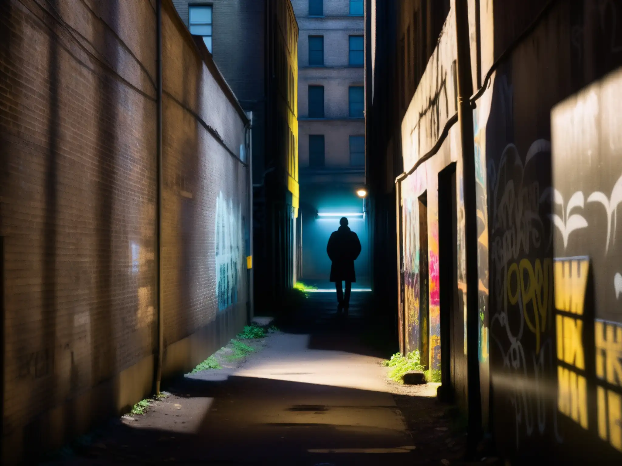 Una misteriosa y decadente callejuela urbana, con grafitis y sombras inquietantes