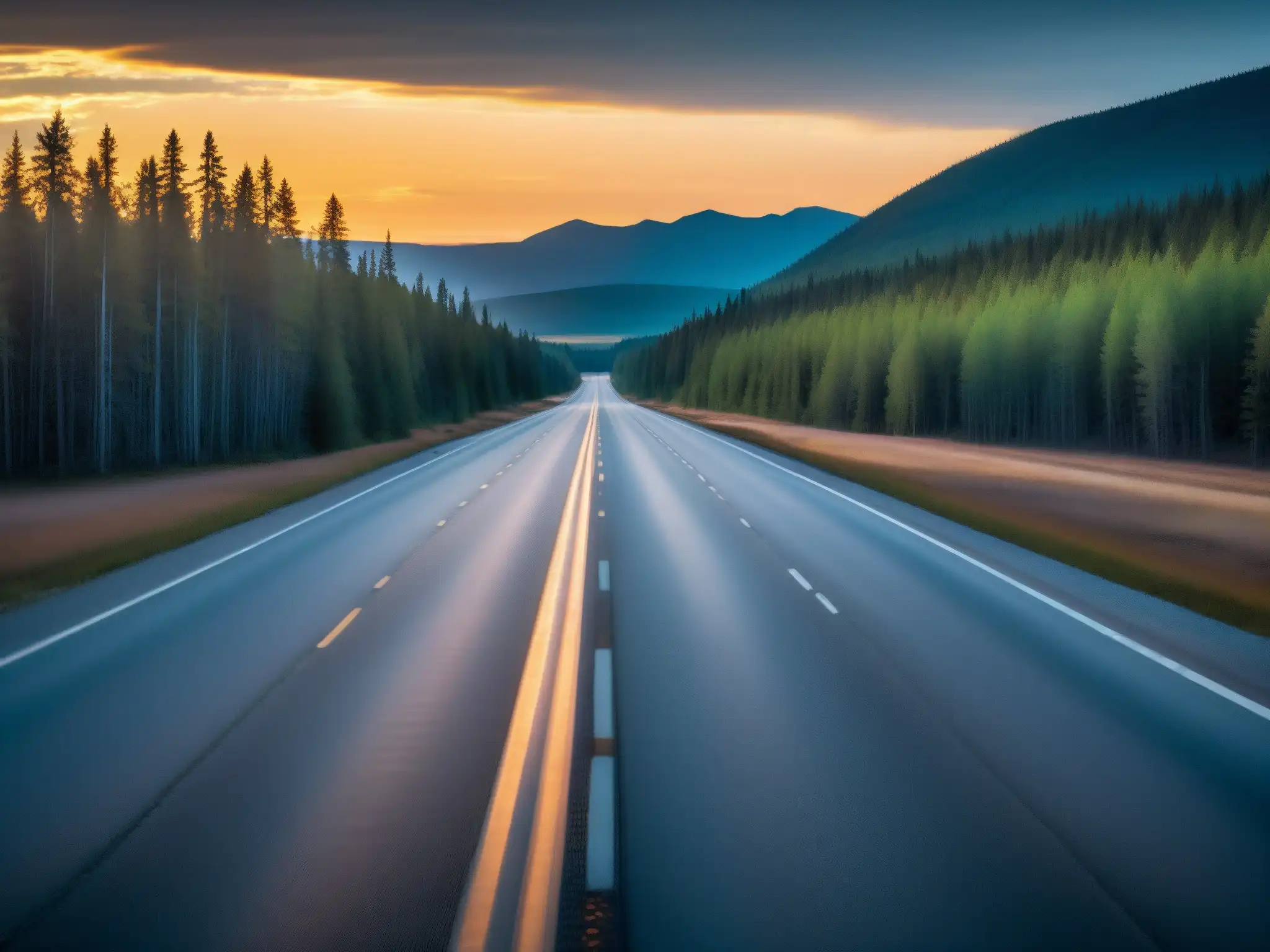 La misteriosa y desolada TransCanada Highway al atardecer, evocando la leyenda del Autoestopista Fantasma