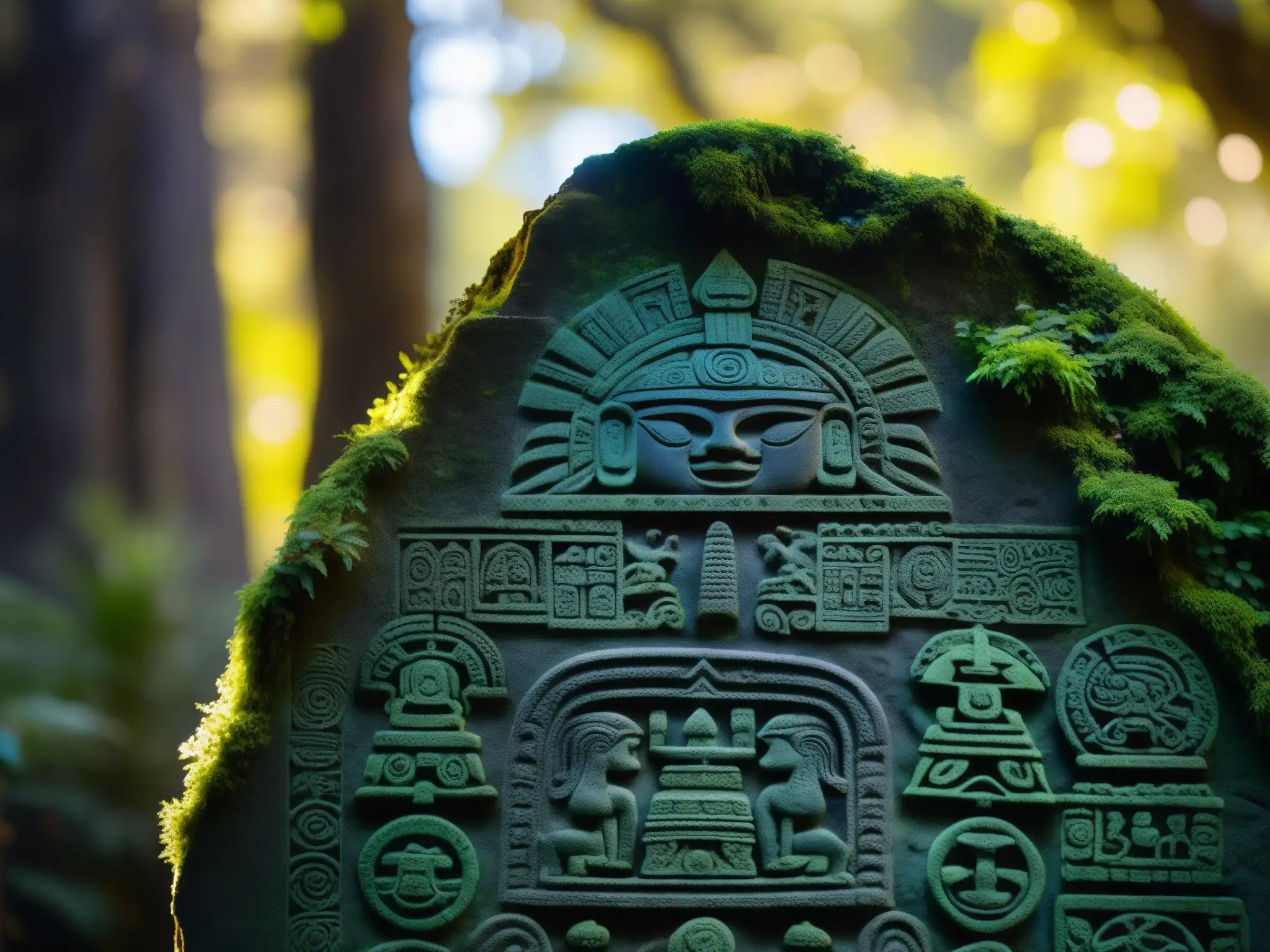 La misteriosa Piedra Encantada de Tlalpan, enigma prehispánico tallado con detalle, iluminado por la luz entre los árboles