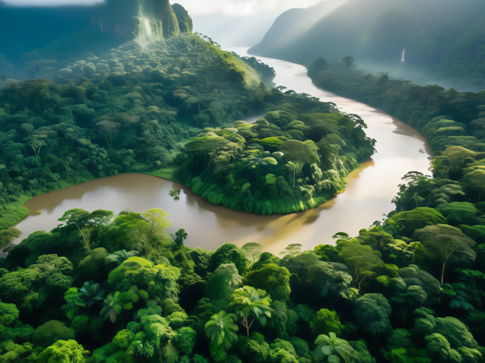 Una misteriosa y encantadora foto del frondoso bosque lluvioso colombiano con el Mohán hechicero en las aguas