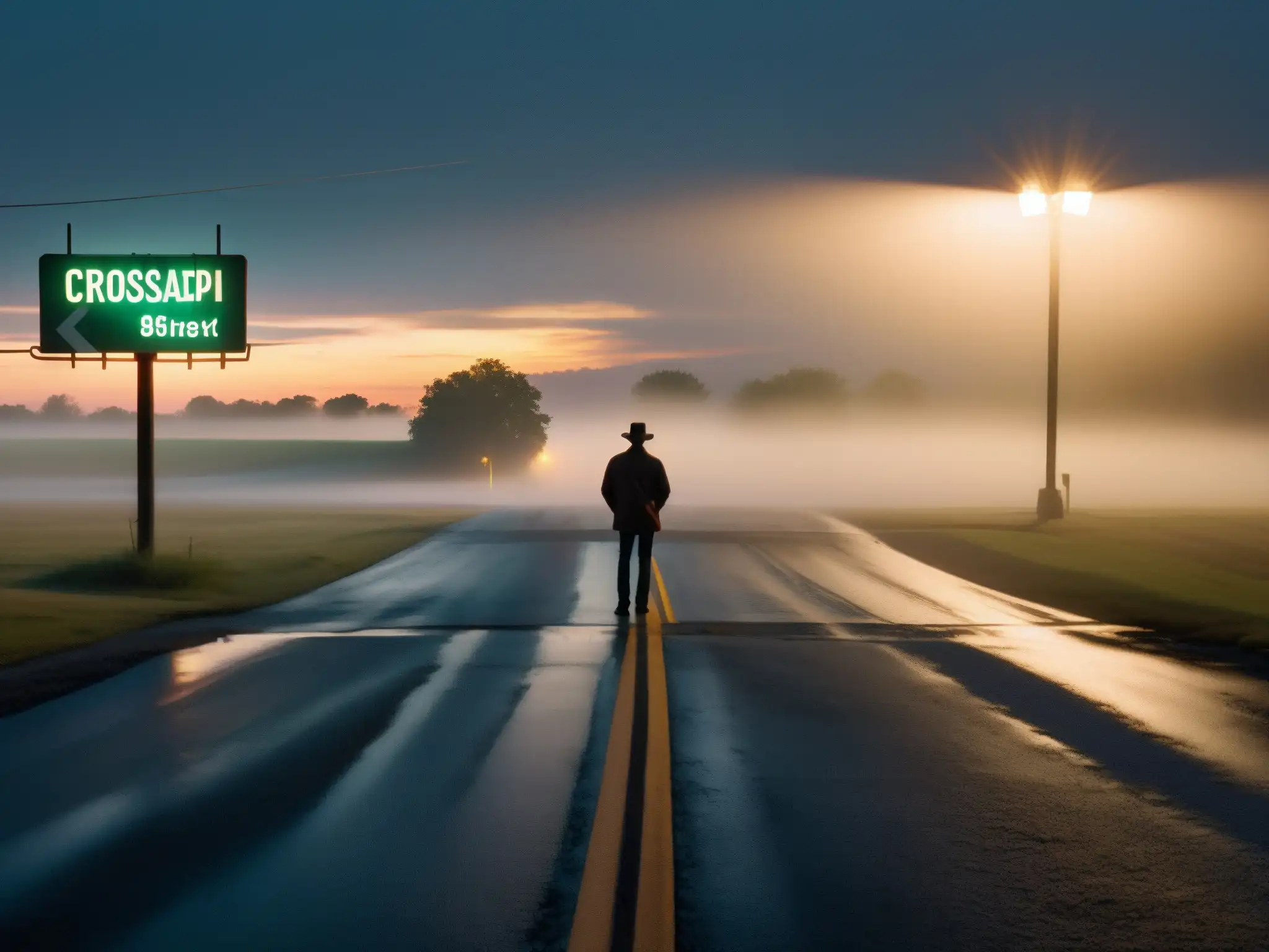 Una misteriosa encrucijada en Mississippi al atardecer, con una figura solitaria entre la niebla