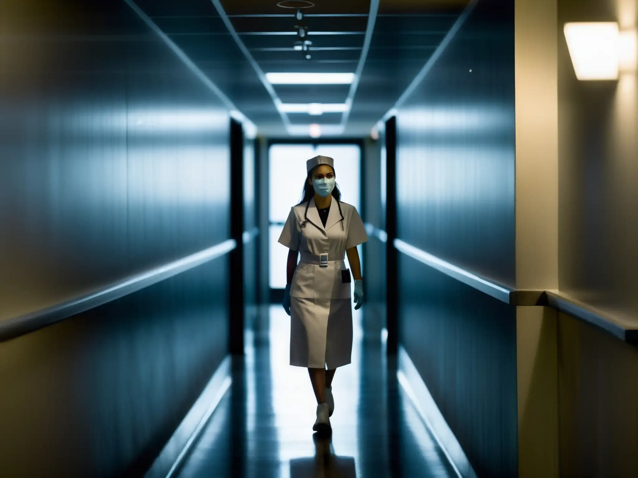 Una misteriosa enfermera en un pasillo oscuro de hospital, evocando la leyenda mexicana de La Planchada