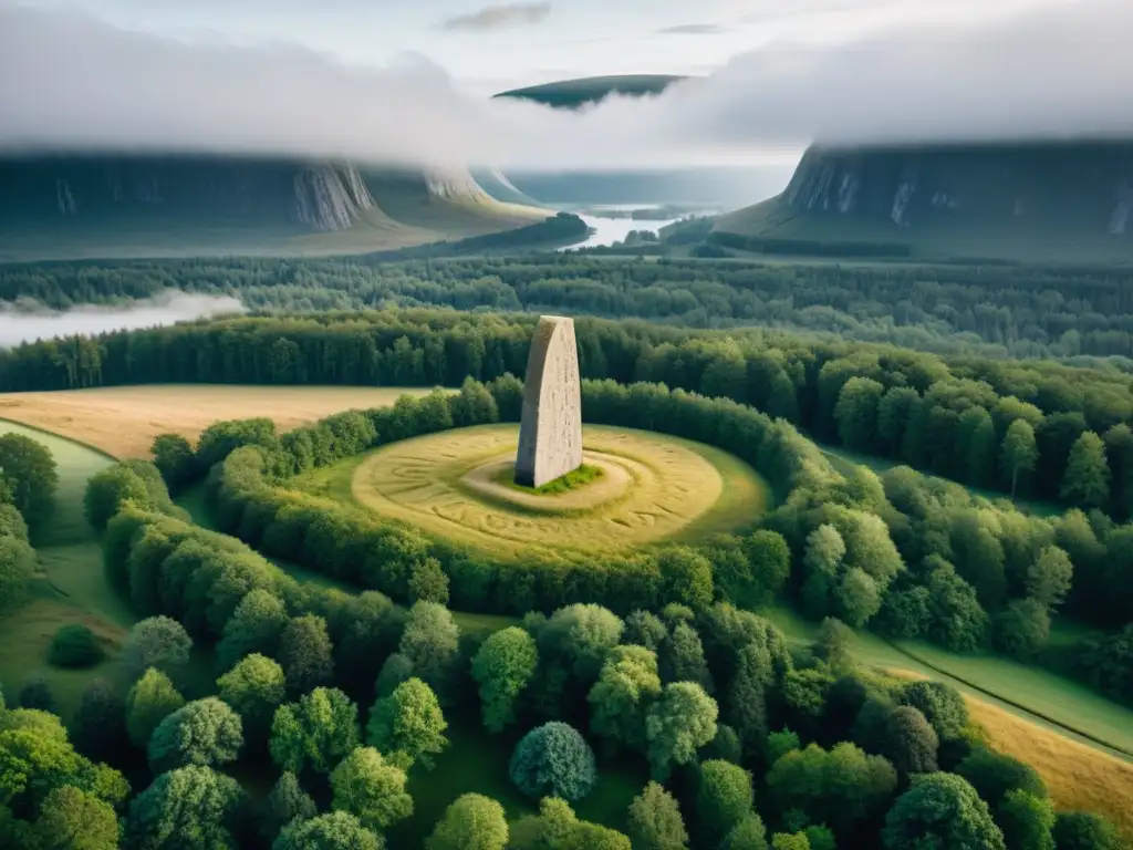 Misteriosa piedra Rök, enigmática y tallada con runas, emerge entre la niebla del paisaje rural de Suecia, evocando antigua sabiduría