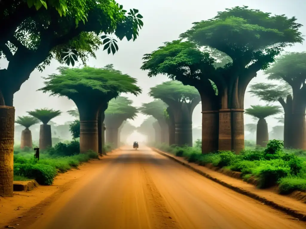 Misteriosa carretera fantasma en Ouagadougou, envuelta en niebla y misterio, con pilares antiguos y vegetación exuberante