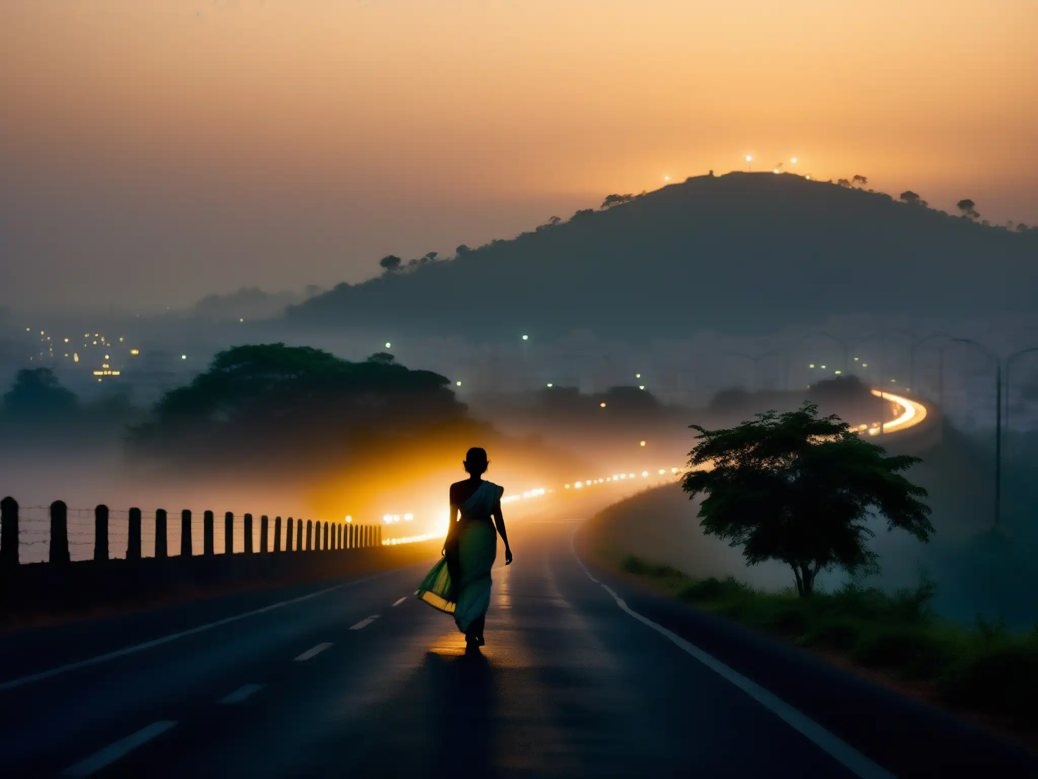 Una misteriosa escena en la carretera de Bombay al atardecer, con la silueta de una mujer en sari y luces de la ciudad, evocando un mito urbano