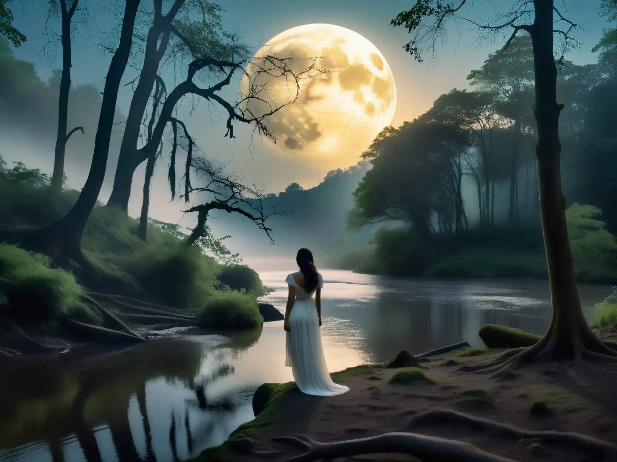 Una misteriosa escena de un río cubierto de niebla serpenteando a través de un denso y antiguo bosque, con la silueta de una mujer en un vestido blanco fluyendo