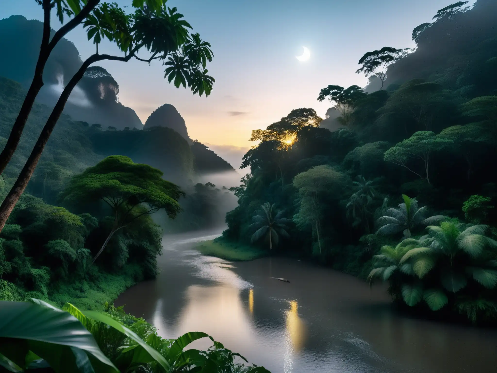 Una misteriosa escena de la selva sudamericana iluminada por la luna, con una figura velada junto al río