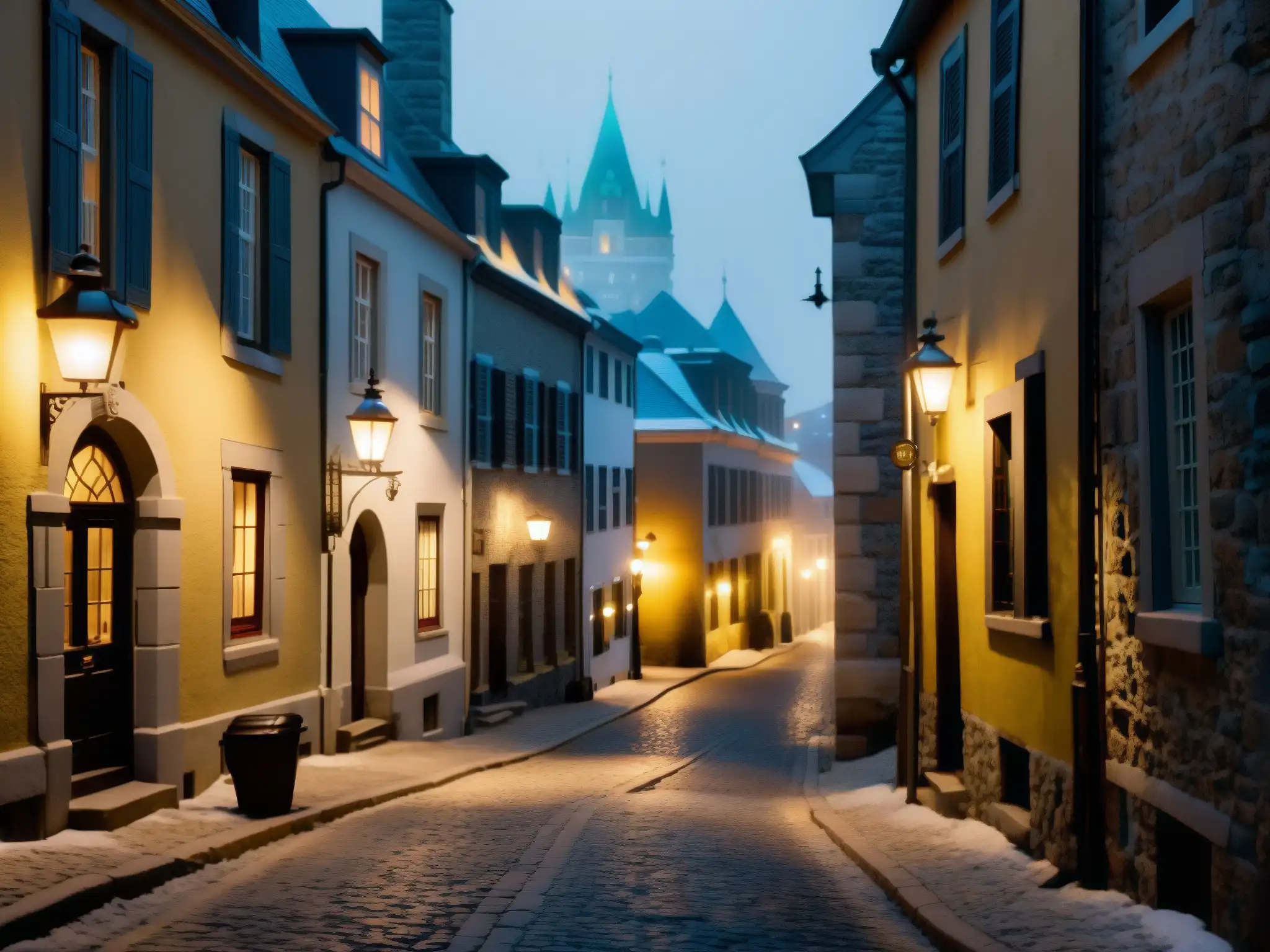 Una misteriosa y evocadora imagen de las históricas calles de Quebec de noche, capturando el enigma de la dama de blanco entre la niebla y las sombras