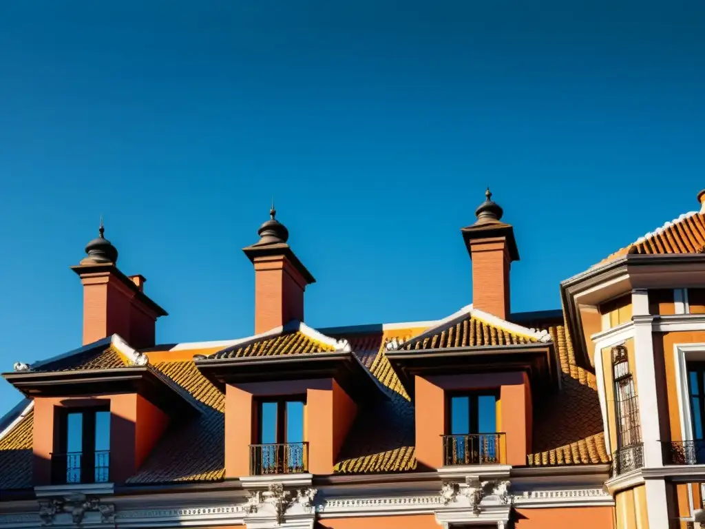 Misteriosa fachada de La Casa de las Siete Chimeneas en Madrid, con detalles arquitectónicos y sombras dramáticas
