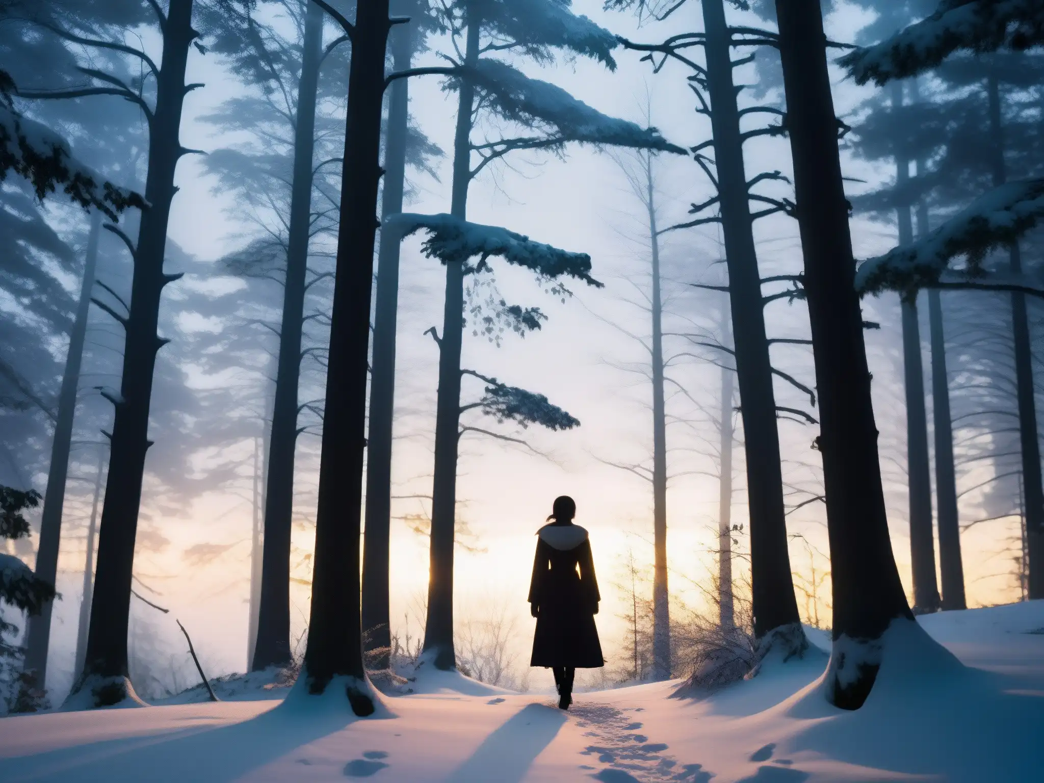 Una misteriosa figura entre árboles nevados al atardecer, evocando encuentros con la Mujer de la Nieve en un paisaje sereno y enigmático