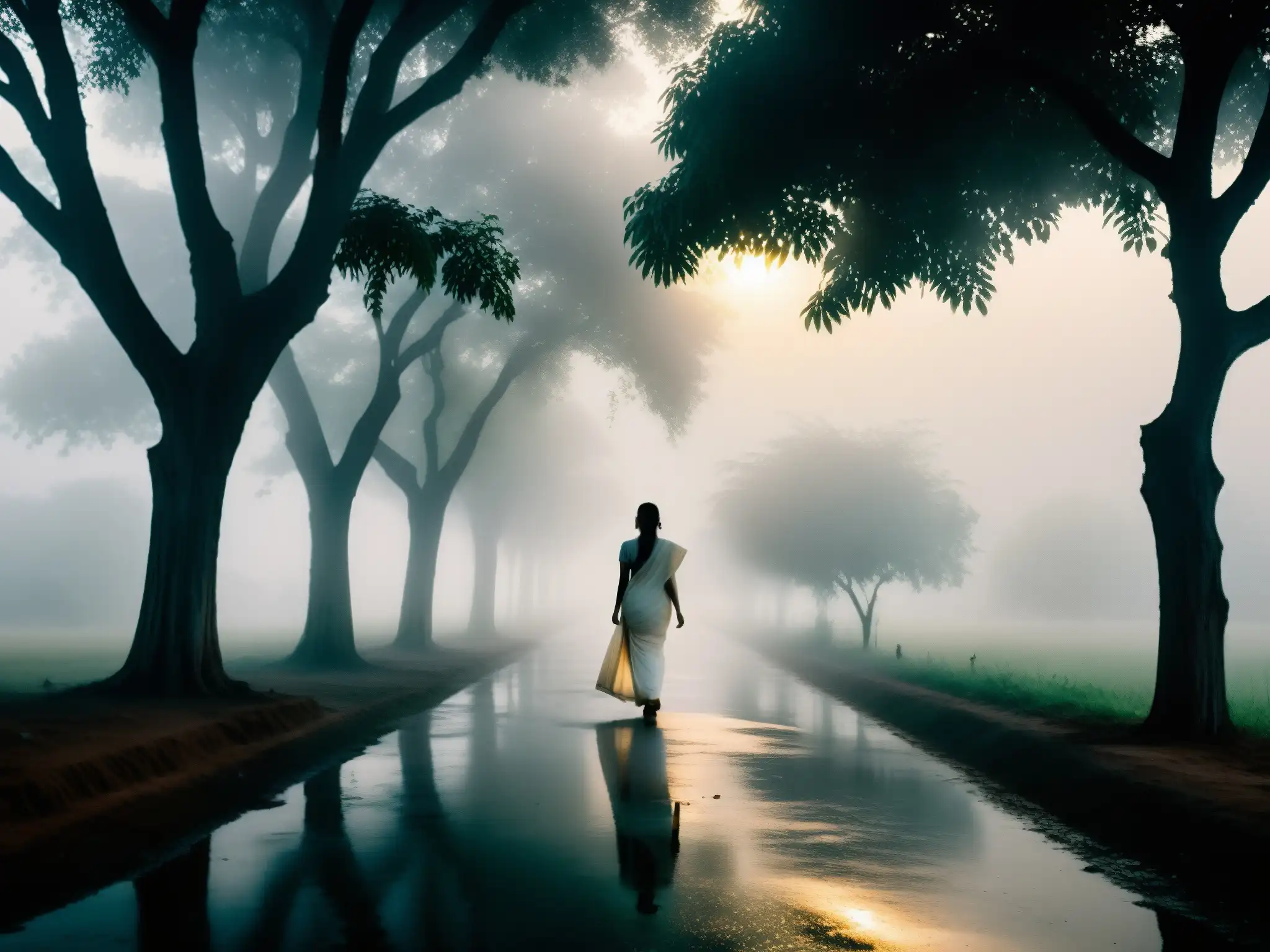 Una misteriosa figura femenina de blanco en una neblinosa carretera rural de la India, rodeada de una atmósfera etérea