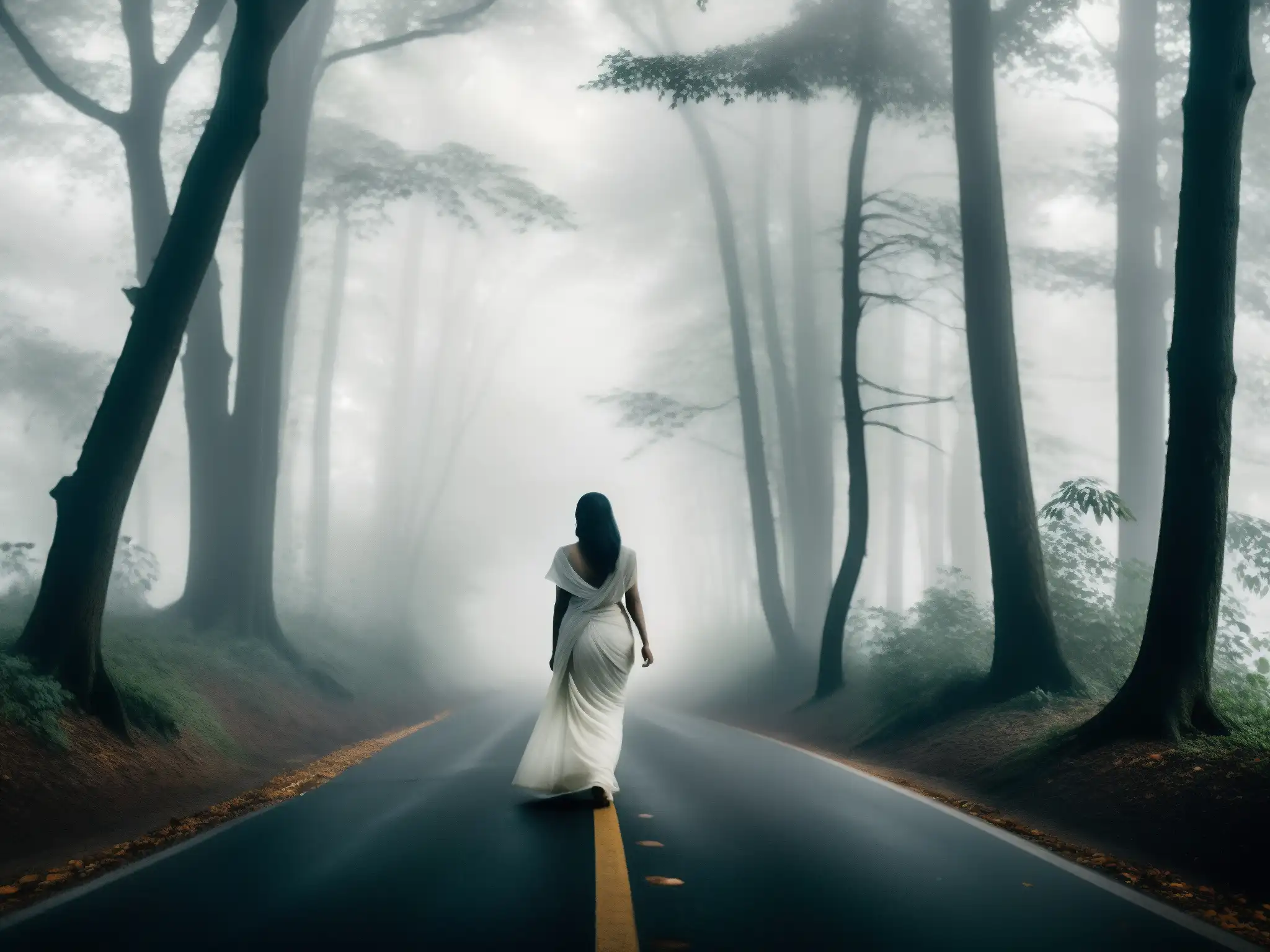 Una misteriosa figura femenina en un sari blanco se yergue en una curva neblinosa de la carretera, entre árboles en Bengaluru