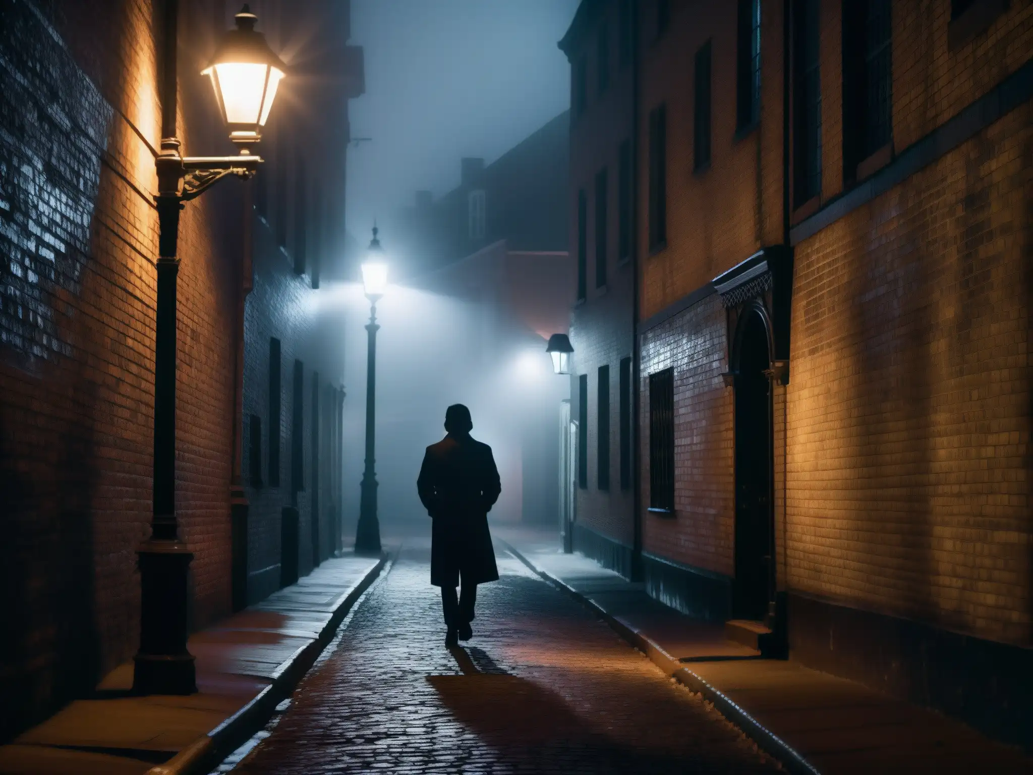 Una misteriosa figura se recorta en la neblina de una calle urbana, bajo una tenue luz