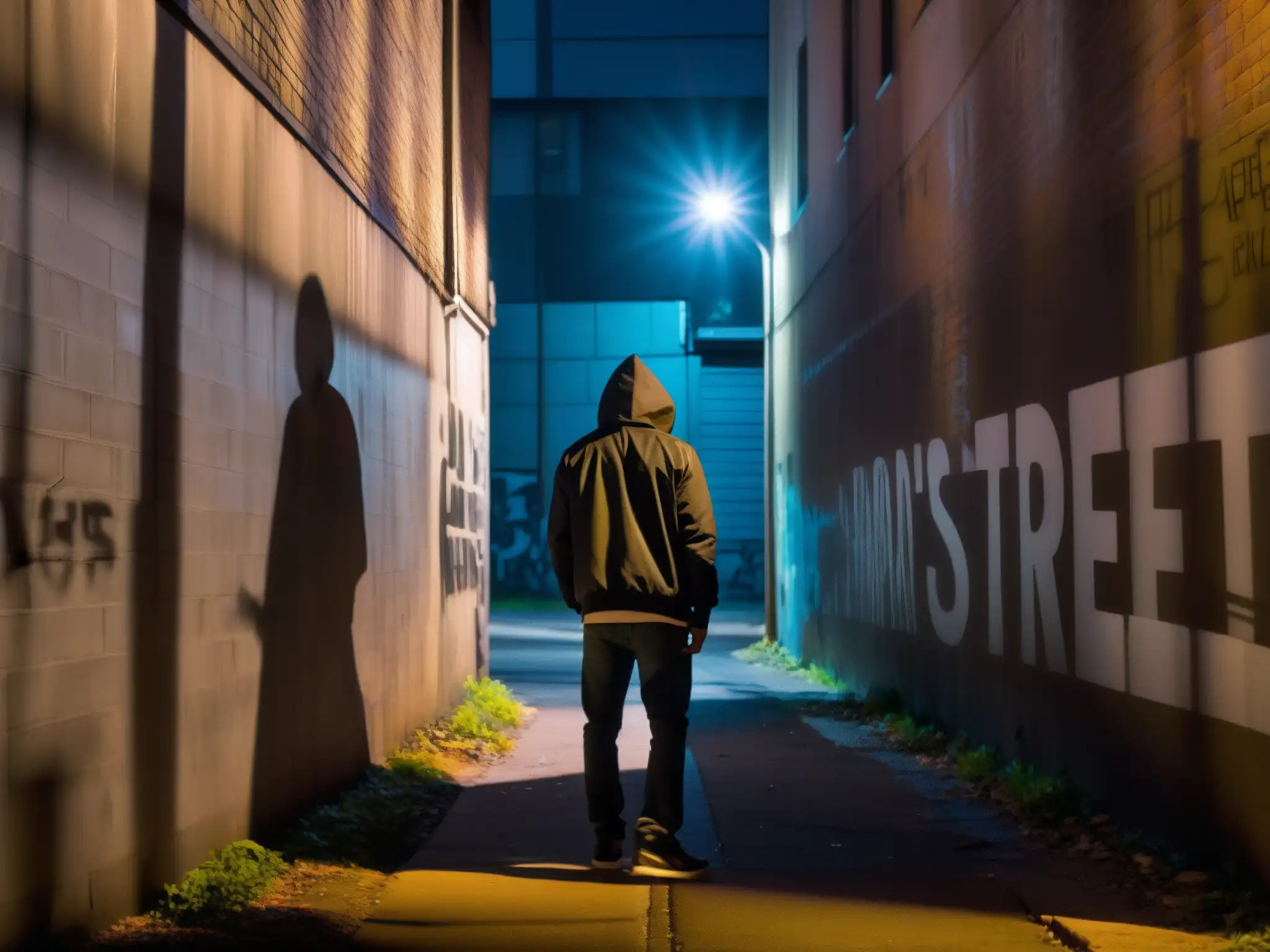 Una misteriosa figura en una oscura calle urbana, con graffiti y una luz tenue, evoca la influencia de leyendas urbanas en justicia