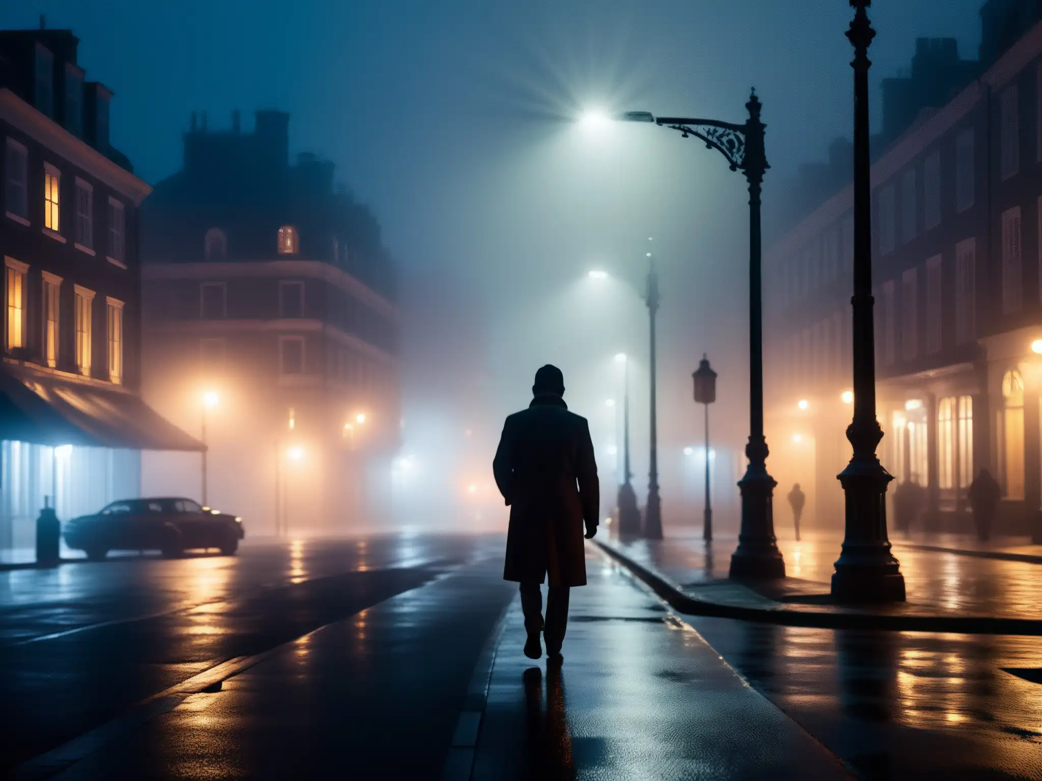 Una misteriosa figura se perfila en una tétrica calle nocturna entre la neblina y las luces