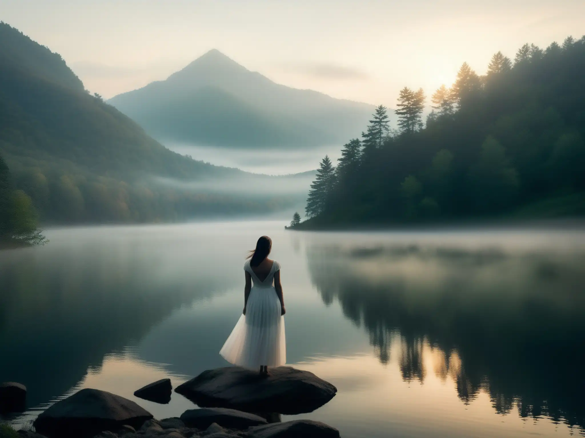 Una misteriosa figura en vestido blanco se funde con la neblina en los montes de los Apalaches, evocando la leyenda de la mujer blanca Appalachia