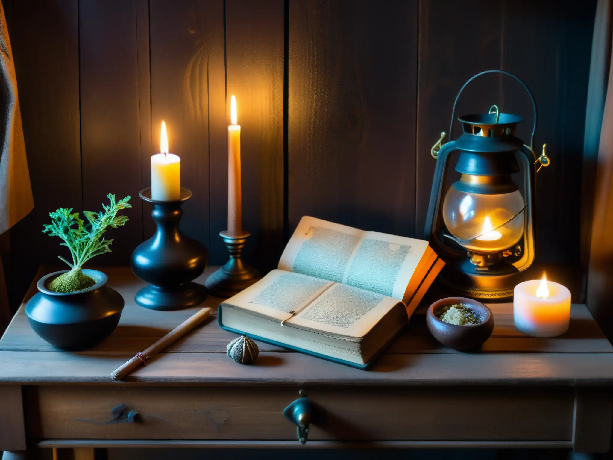 Una habitación misteriosa iluminada por la luna llena, con objetos de brujería en la América colonial sobre una mesa de madera envejecida