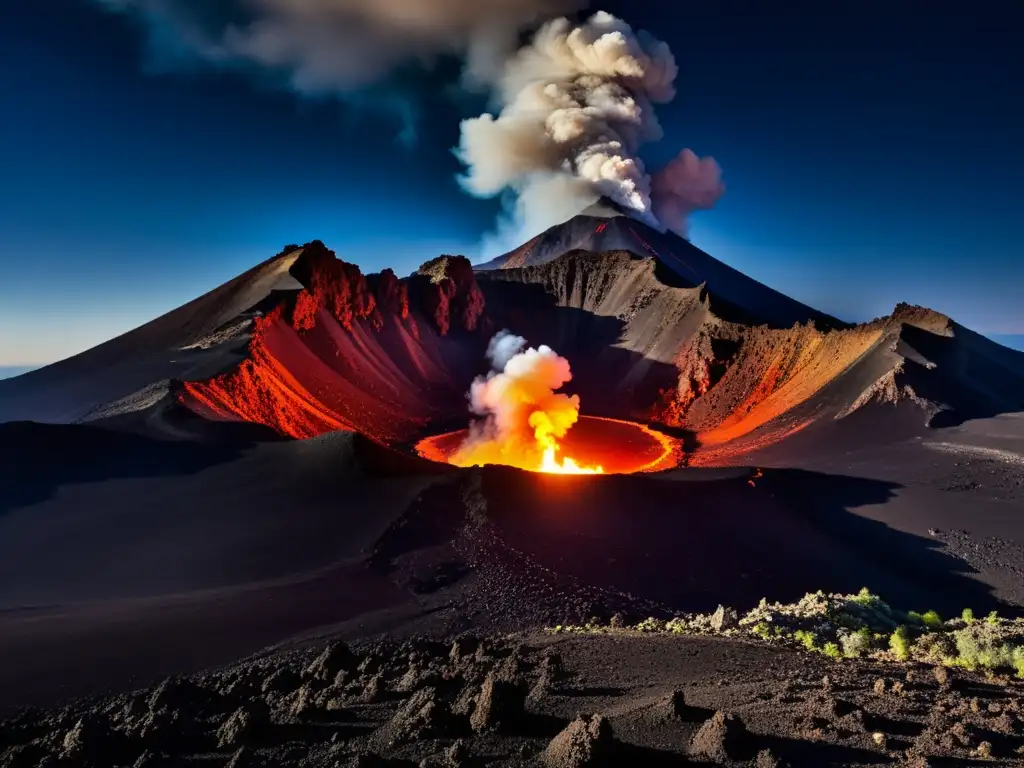 Misteriosa imagen del cráter humeante y la lava ardiente del Monte Etna, evocando su poder y los Mitos y leyendas urbanas del lugar