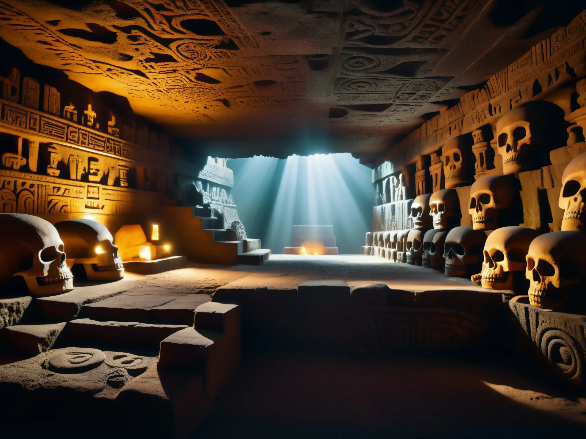 Una misteriosa imagen de Mictlán, el inframundo azteca, con caverna iluminada y detalladas figuras esqueléticas