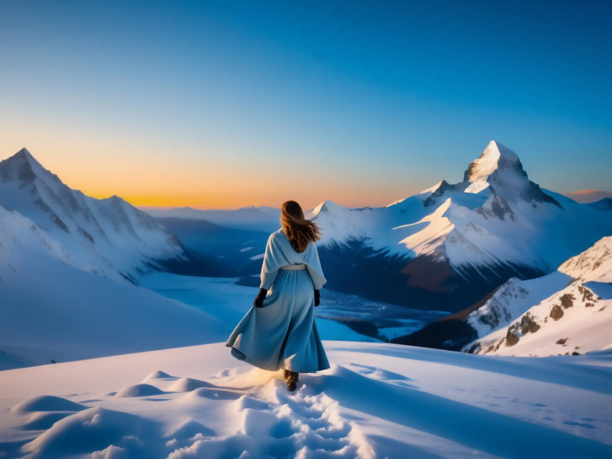 Una misteriosa imagen de Yukionna, una leyenda japonesa explicada, en un paisaje nevado al atardecer