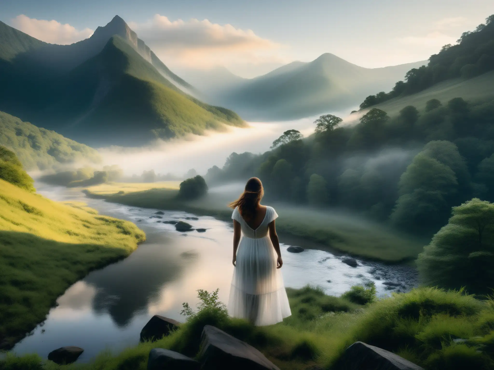 Una misteriosa leyenda de la mujer blanca en Appalachia, con una figura etérea junto al río entre montañas neblinosas