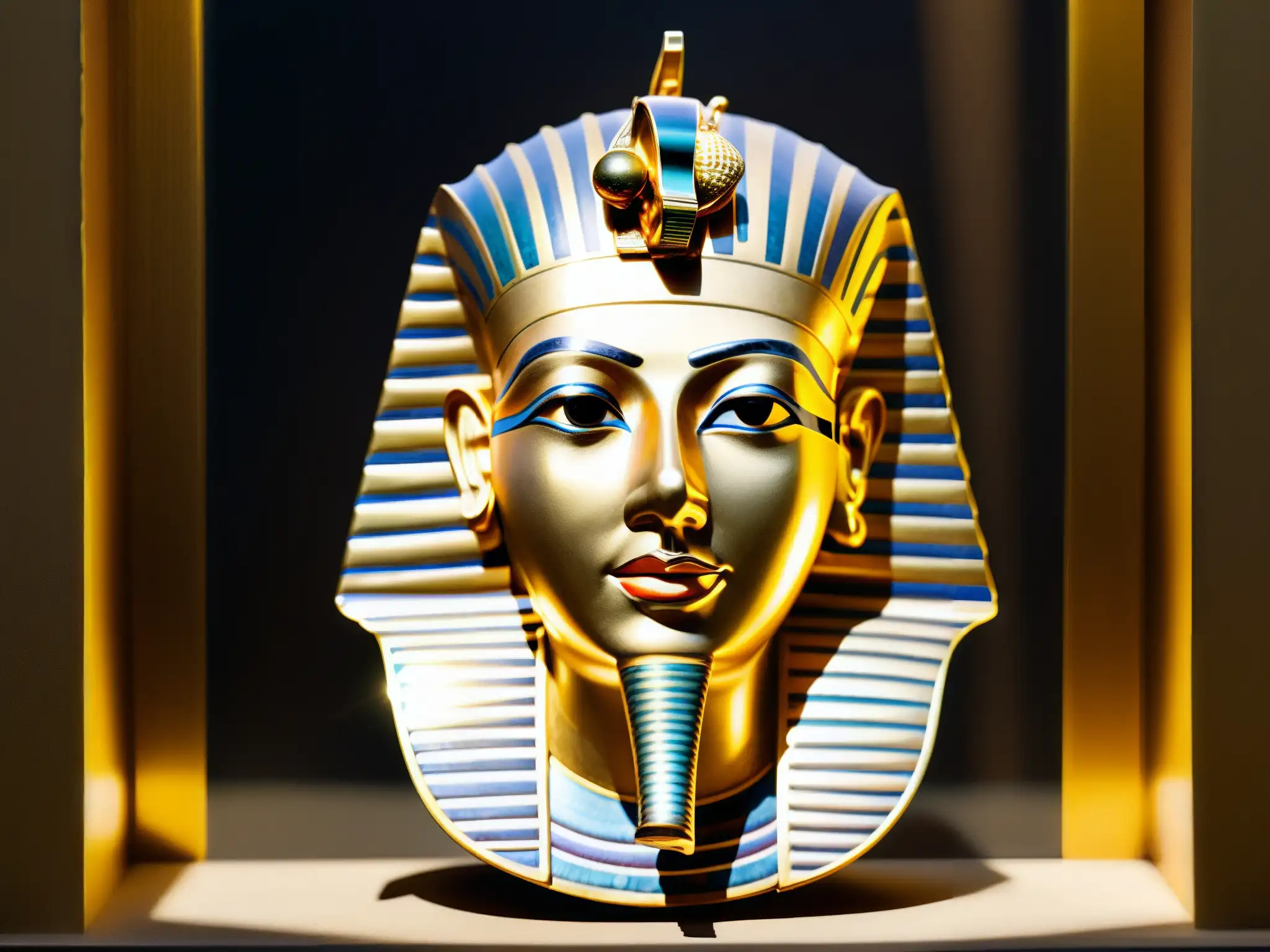 La misteriosa máscara dorada del rey Tutankamón, con juego de luces y sombras