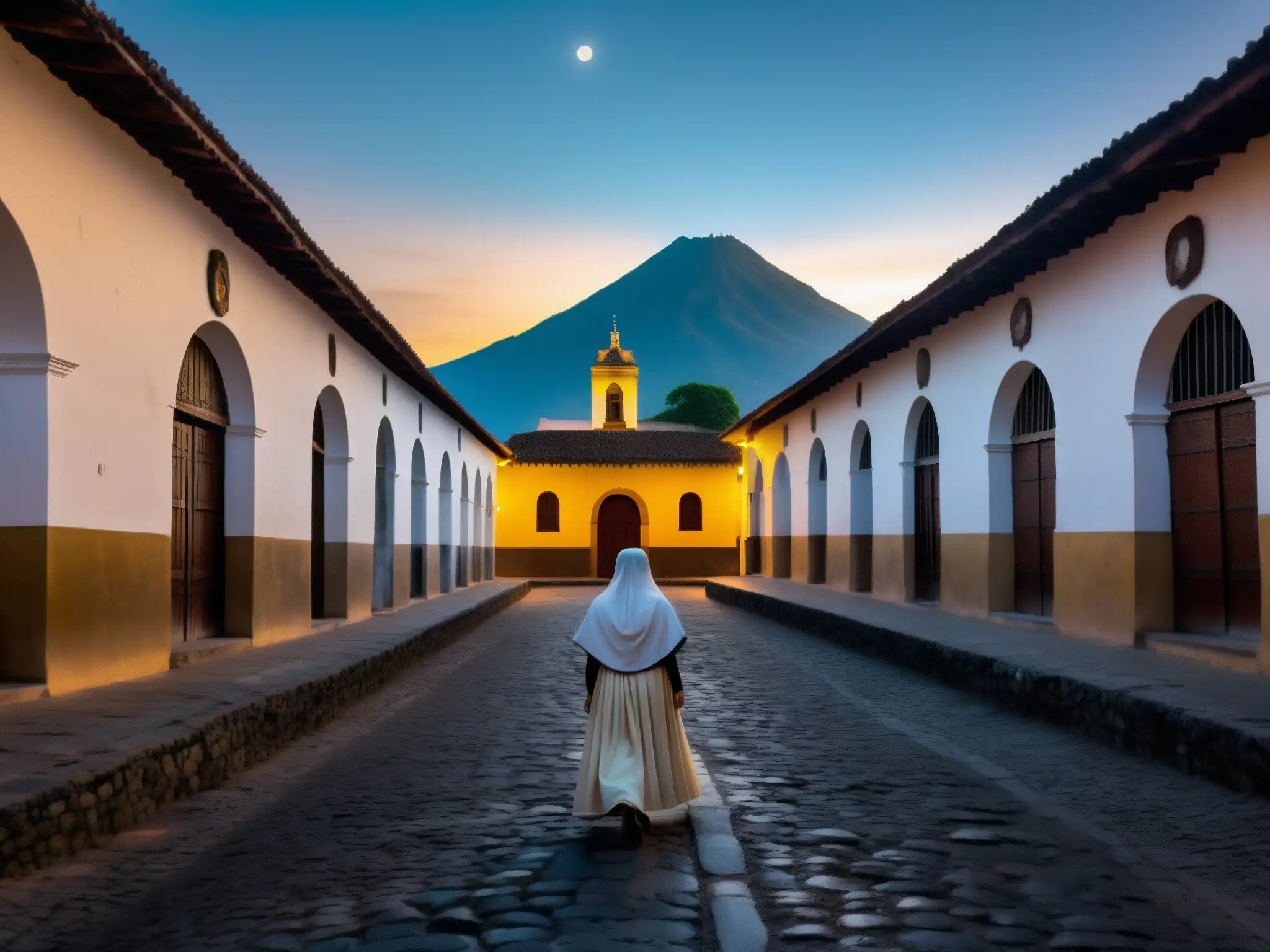 La misteriosa Monja Blanca de Antigua Guatemala camina entre ruinas, evocando la leyenda en una noche etérea y misteriosa