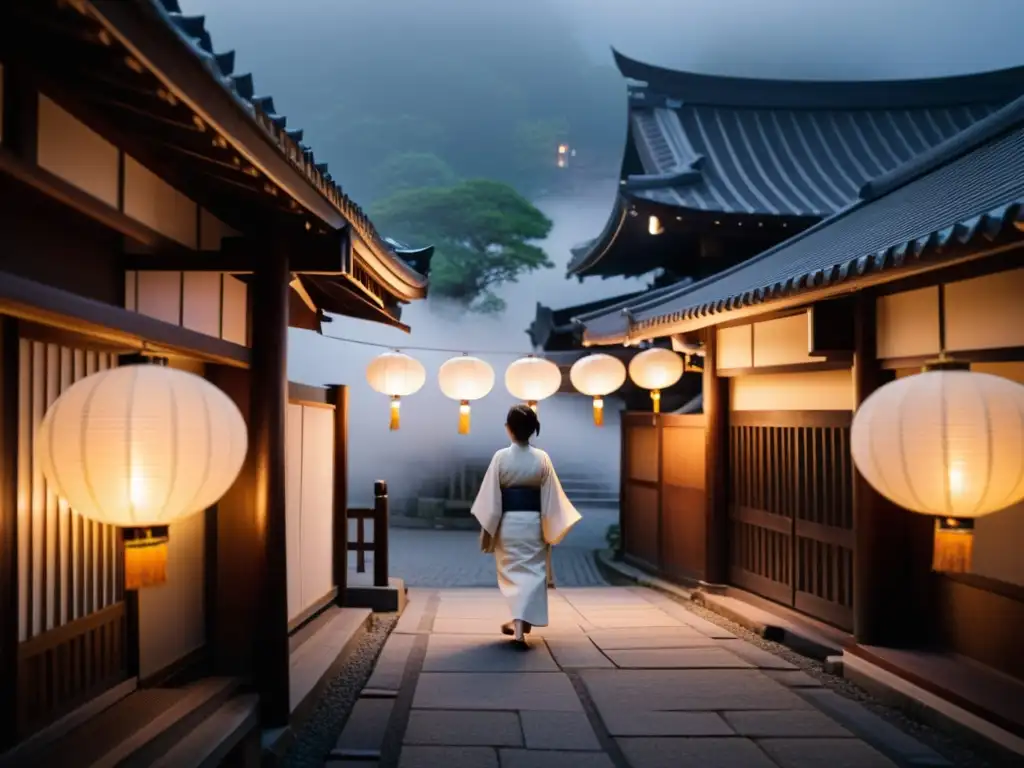 Una misteriosa mujer de blanco en una calle japonesa tradicional, evocando un mito urbano atemporal
