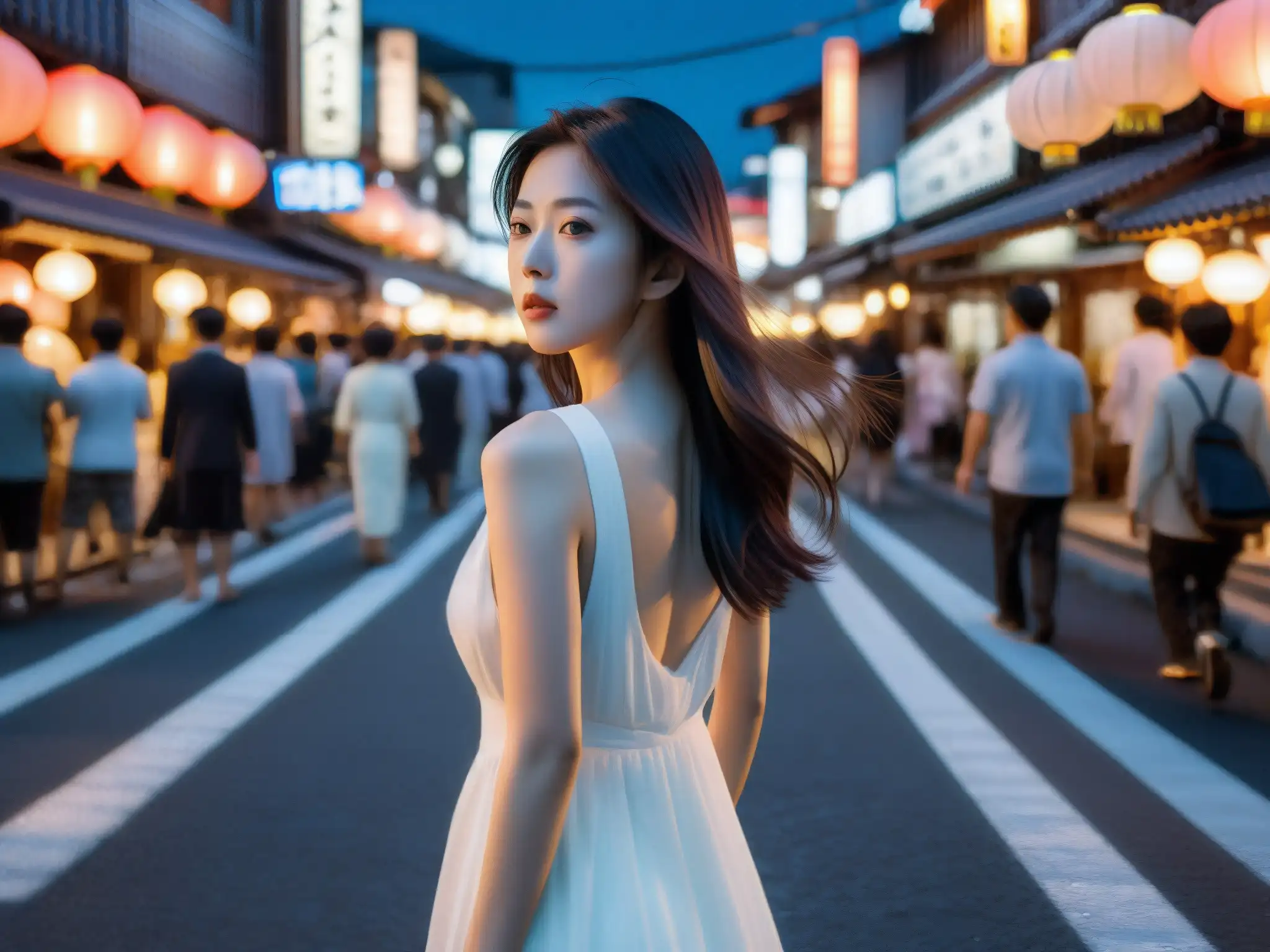 Una misteriosa mujer de blanco en una concurrida calle japonesa de noche, iluminada por las luces de la ciudad, encarna el enigmático mito urbano