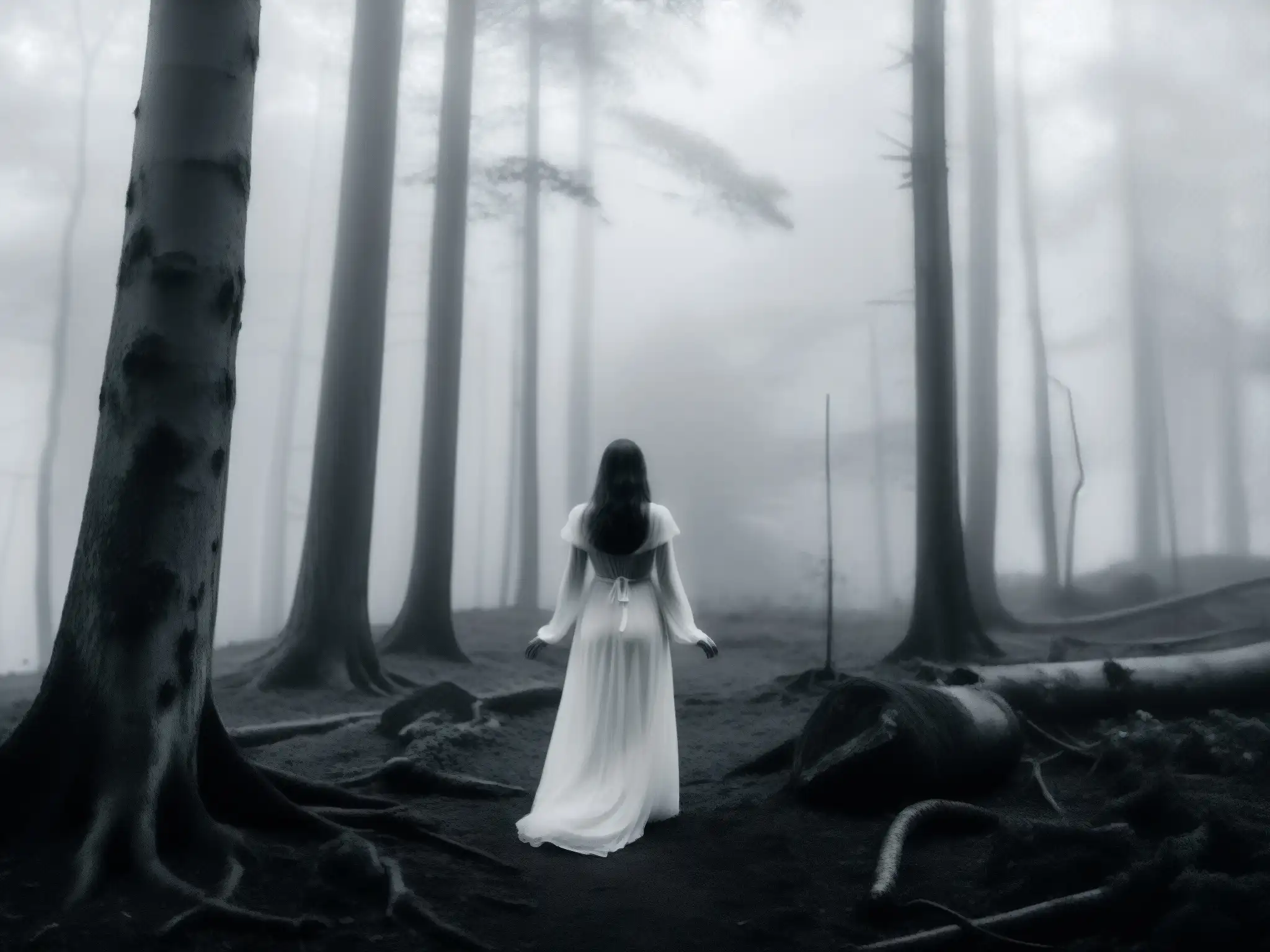 Una misteriosa mujer de blanco entre la niebla de un bosque, evocando apariciones, mitos y leyendas