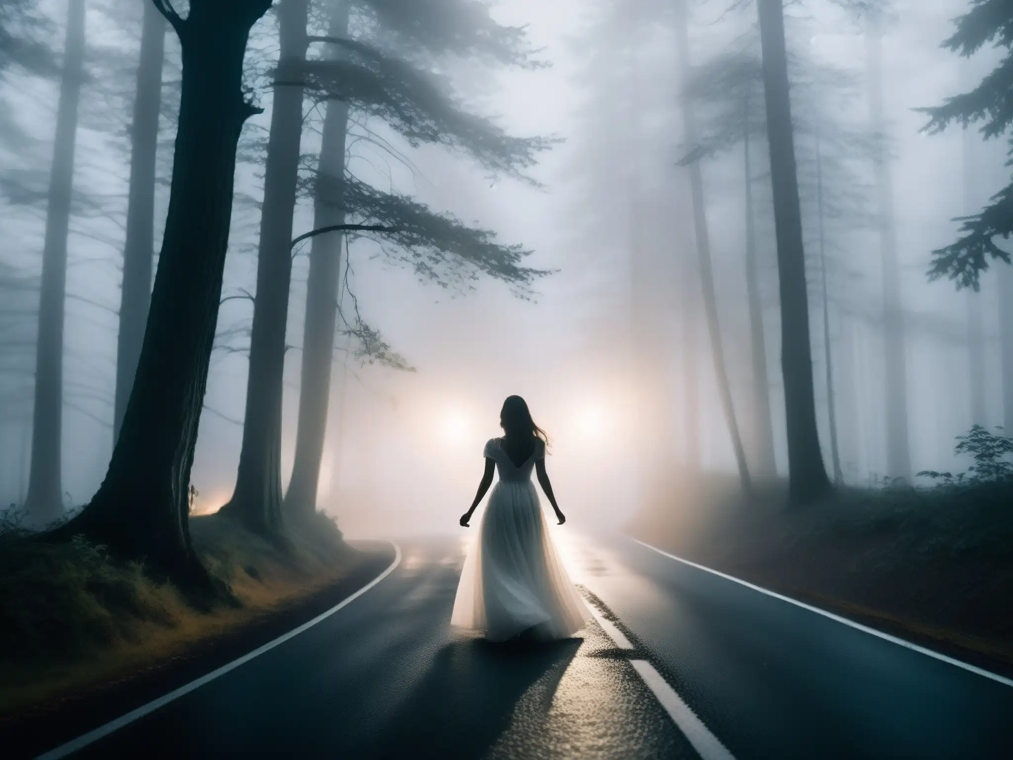 Una misteriosa mujer de blanco se alza en la niebla de la noche en un bosque, creando un aura de leyenda coreana