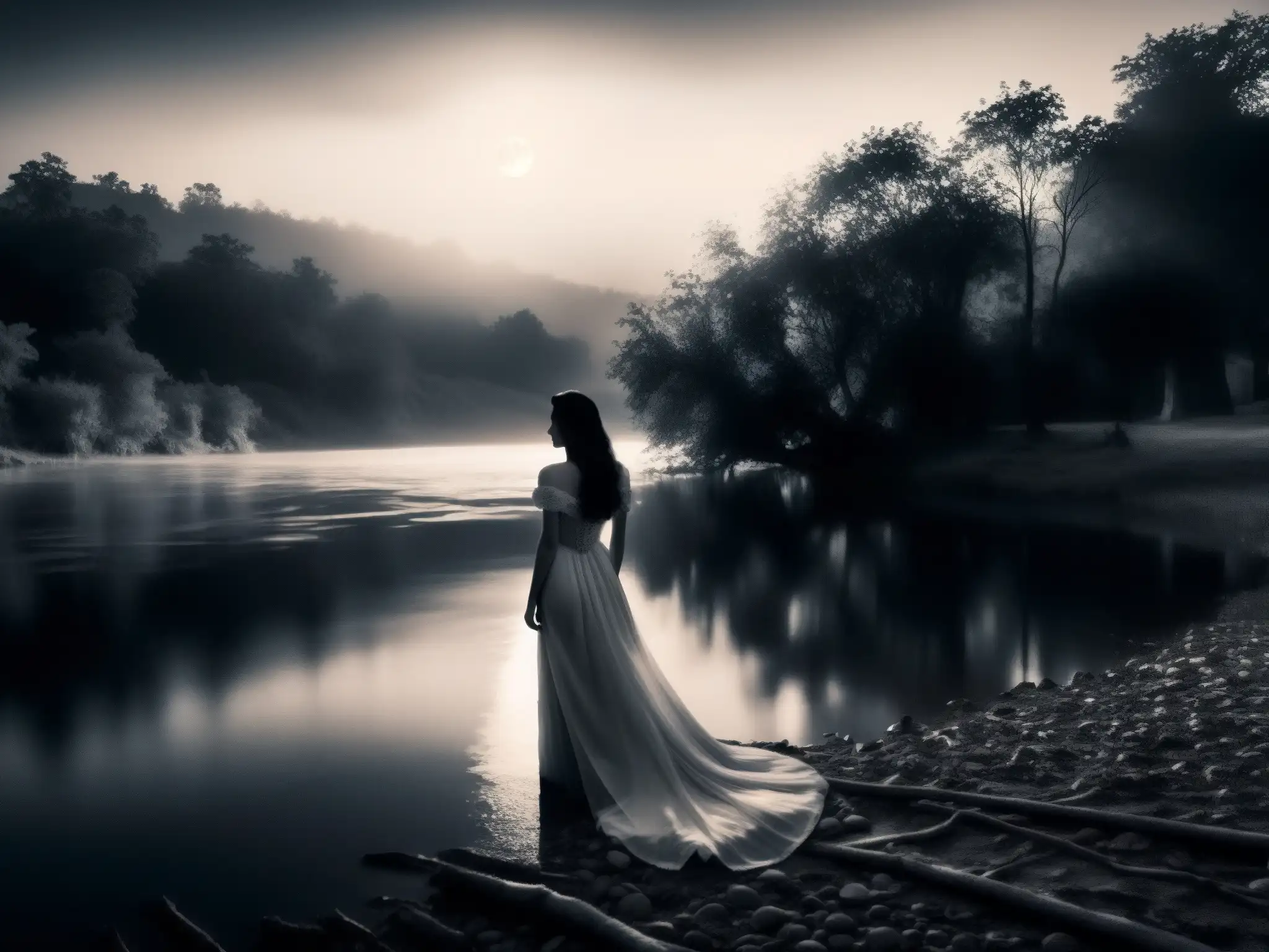 Misteriosa mujer de blanco en la orilla del río, entre la niebla nocturna