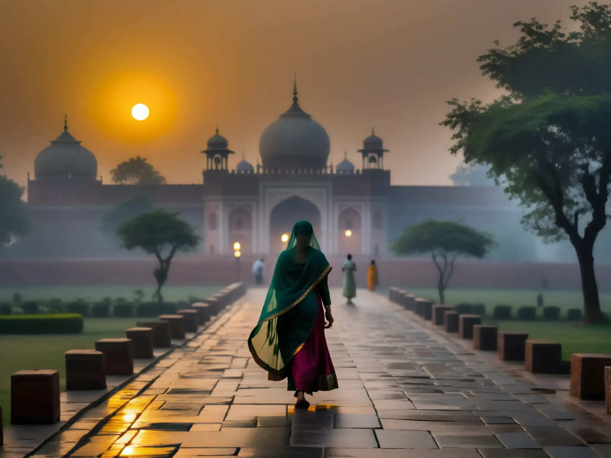 Misteriosa mujer sin cabeza en la neblinosa calle de Delhi, evocando una leyenda urbana en la noche india