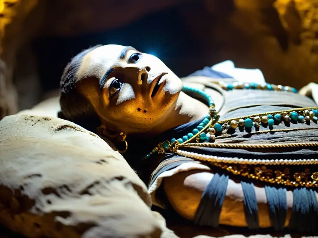 Una misteriosa mummy adornada con joyas en las catacumbas de Palermo, evocando mitología urbana