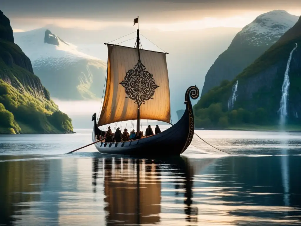 Una misteriosa nave vikinga surca un fiordo entre la niebla, con la sombra de Sleipnir en el fondo