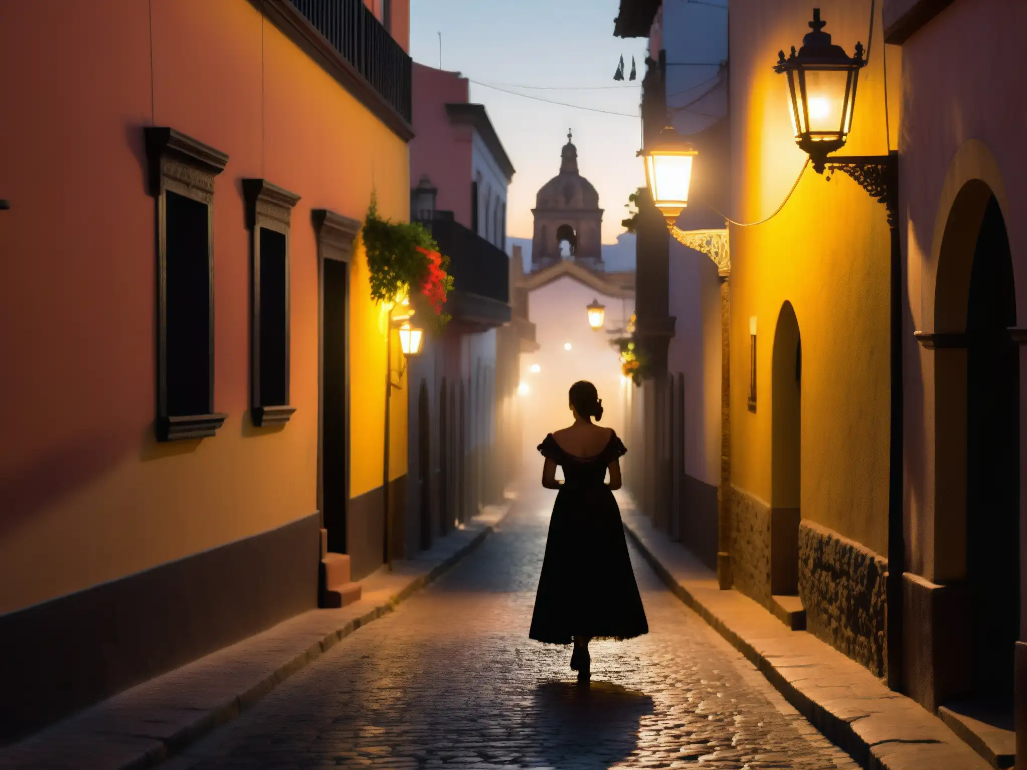 En la misteriosa y neblinosa calle de Querétaro, una figura femenina evoca la leyenda de la Zacatecana en un crimen pasional