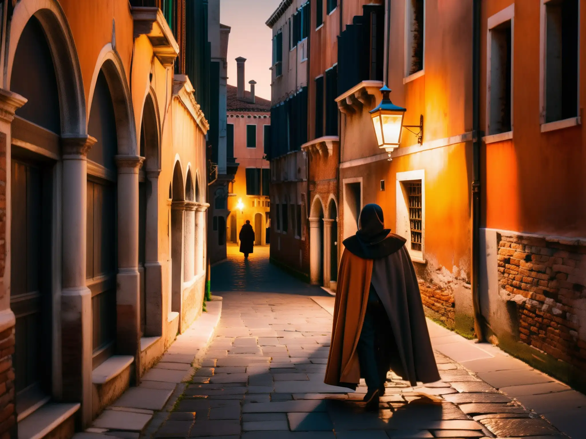 Una misteriosa noche en las calles de Venecia, con luces anaranjadas y sombras intrigantes