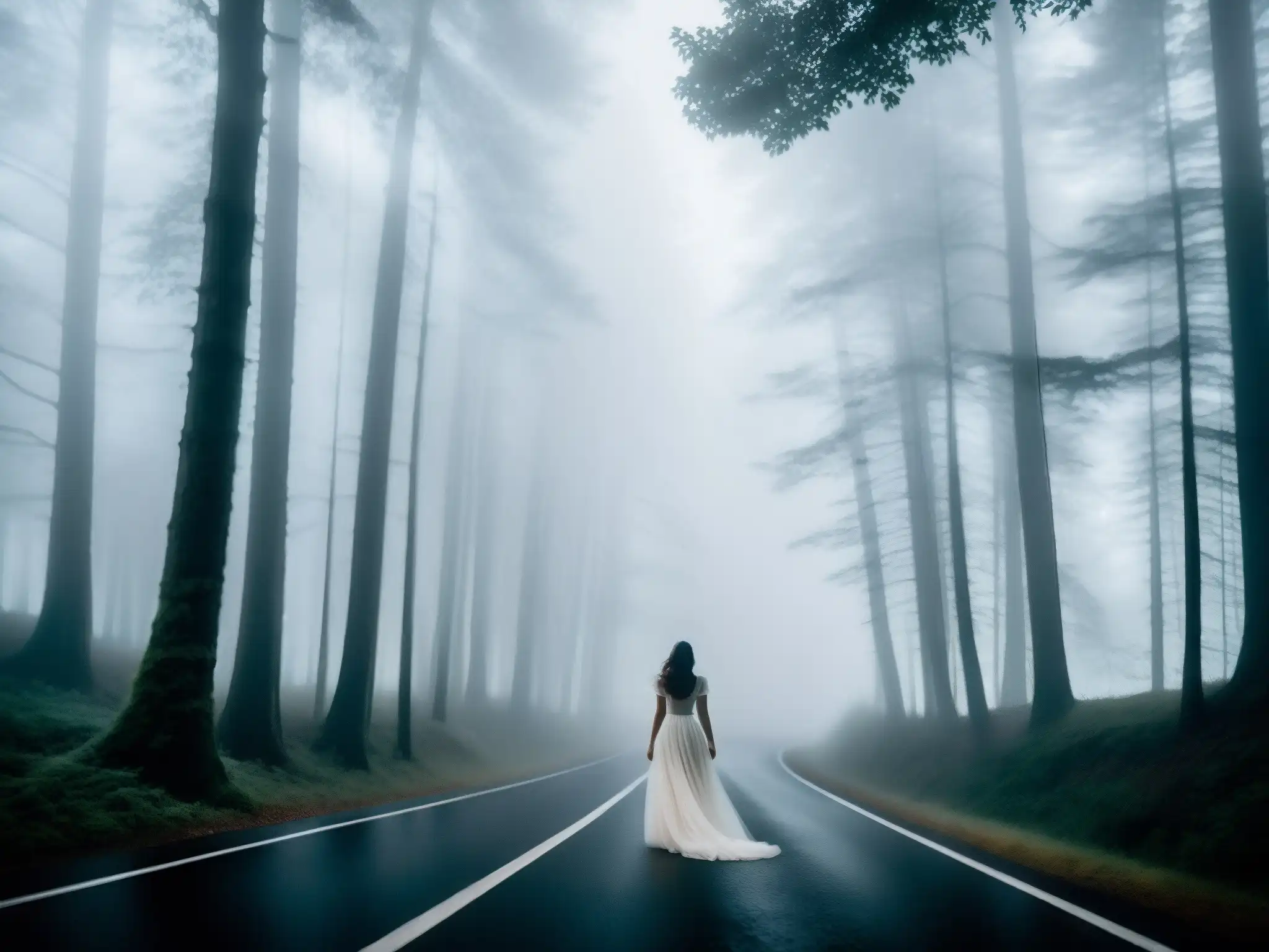 En la misteriosa noche, la carretera serpentea entre árboles cubiertos de niebla