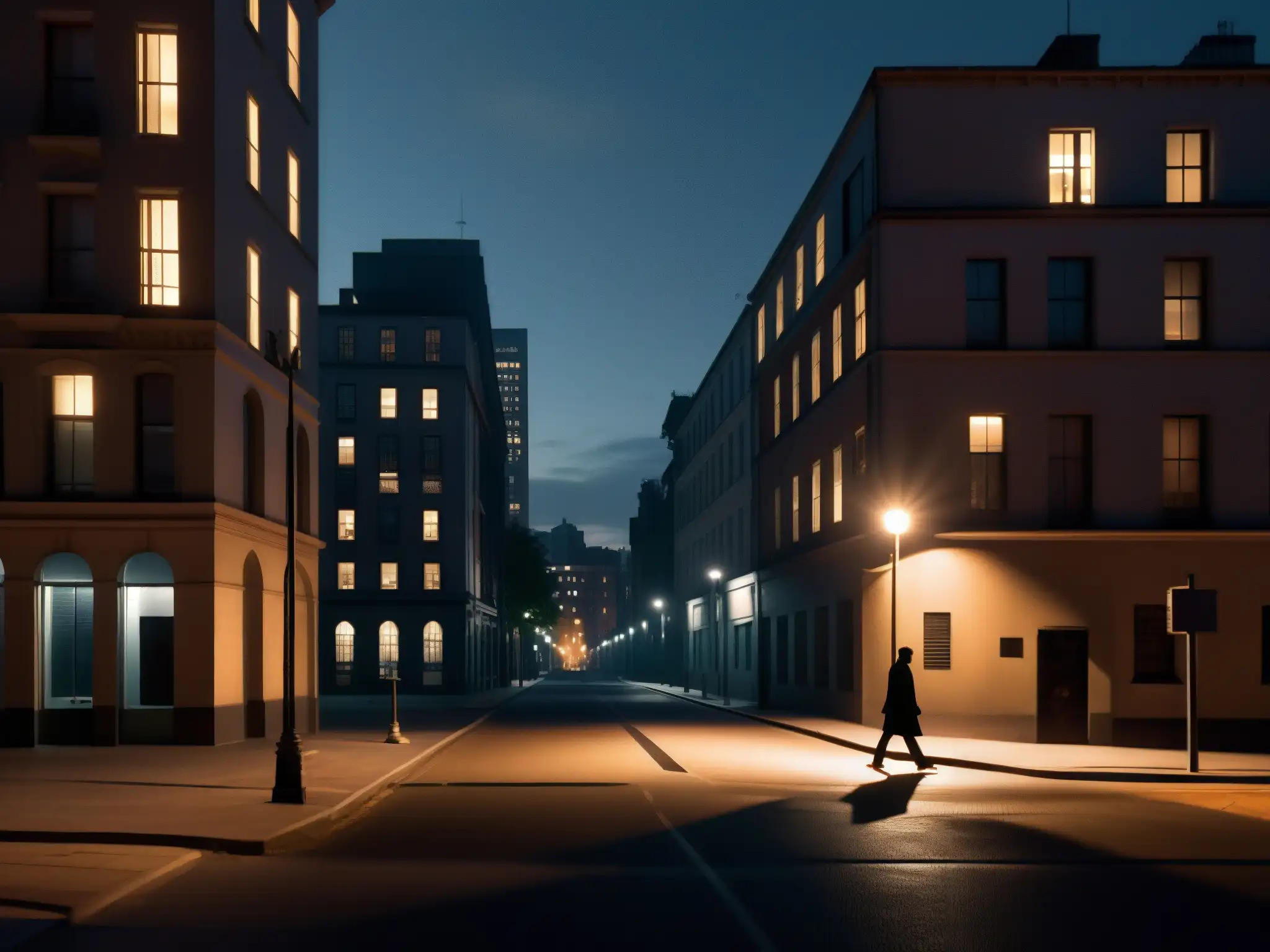 Una misteriosa noche en la ciudad con un solitario caminante bajo la luz de la calle
