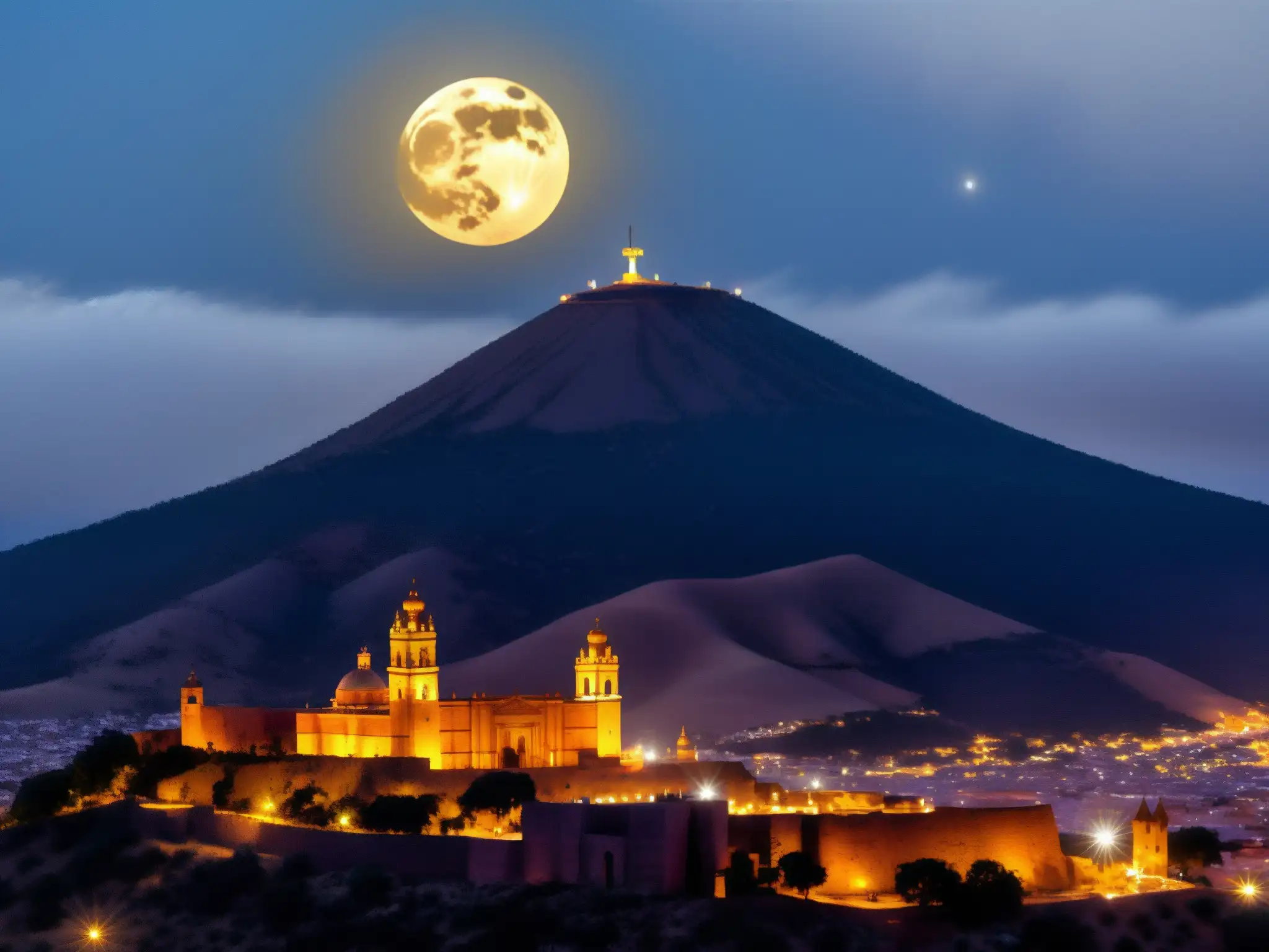 En la misteriosa noche iluminada por la luna, el Cerro de la Bufa en Zacatecas se alza imponente entre la niebla, evocando fantasmas y leyendas