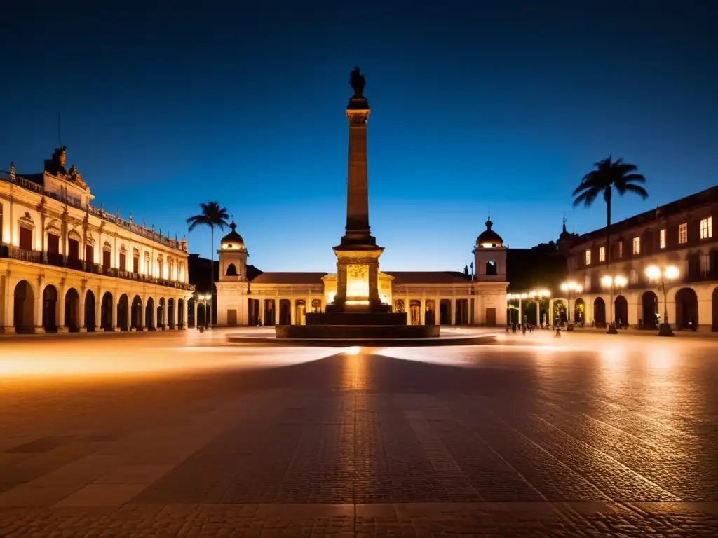 Misteriosa noche en la Plaza de la Independencia, con sus edificios históricos proyectando sombras largas bajo la tenue luz de las farolas
