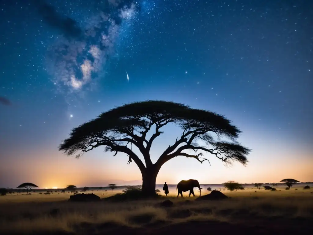 En la misteriosa noche tanzana, brilla el enigma del Popobawa Tanzania, con la silueta de un acacia y la presencia de un boma Maasai