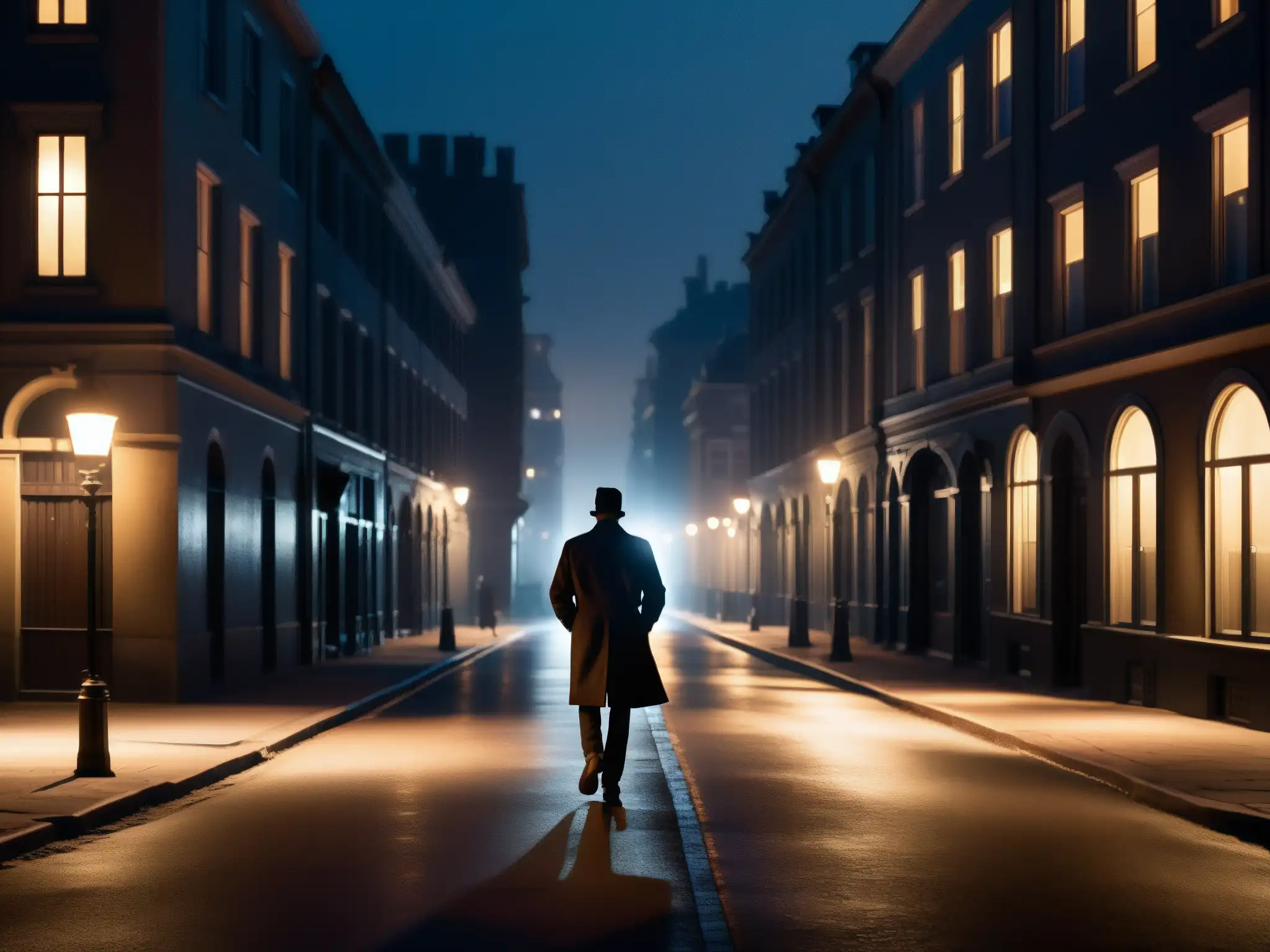 Una misteriosa noche urbana con una figura solitaria, evocando análisis psicológico de mitos urbanos