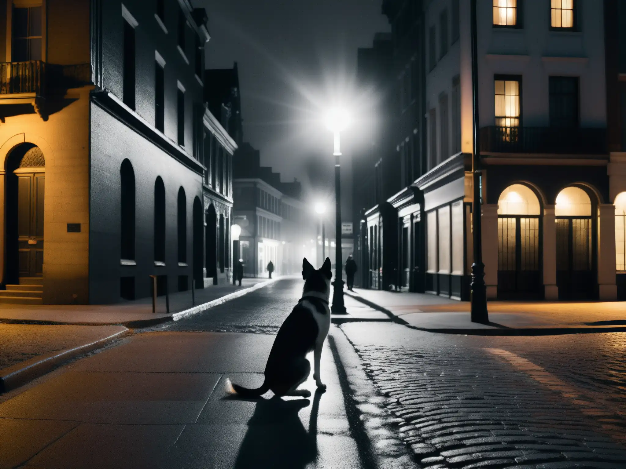 En la misteriosa noche urbana, un perro con mirada humana pasea bajo la luz tenue, evocando la leyenda urbana del Jinmenken